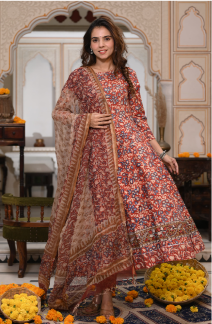 Rust Orange and Blue Bagru Anarkali Set With Kota Doriya Duptta