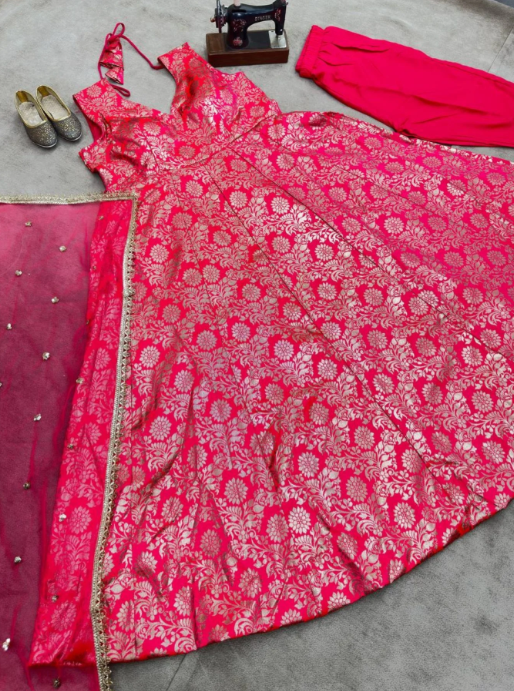 Jacquard Anarkali Gown Heavy Weave Top with Micro Pant Net Dupatta