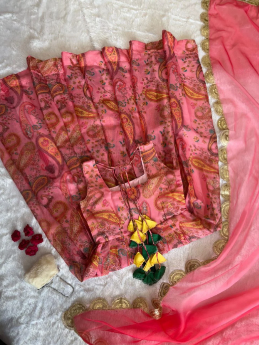 Light Pink Organza Silk Anarkali Gown Set with Kery Print