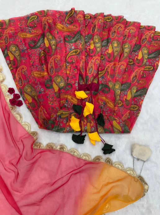 Pink Organza Silk Anarkali Gown Set with Kery Print