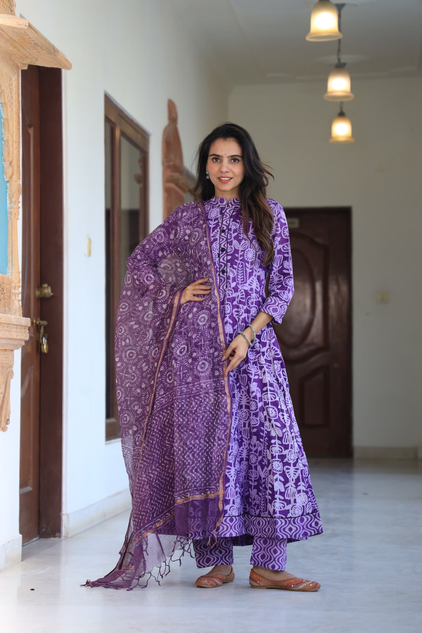 Purple Bagru Anarkali With Kota Doriya Duptta