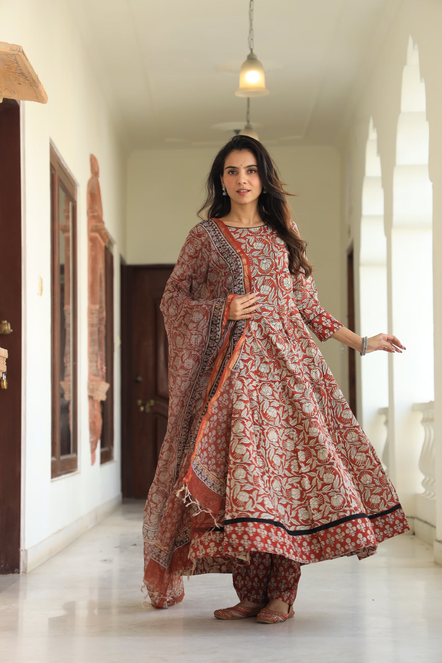 Orange Bagru Anarkali With Kota Doriya Duptta