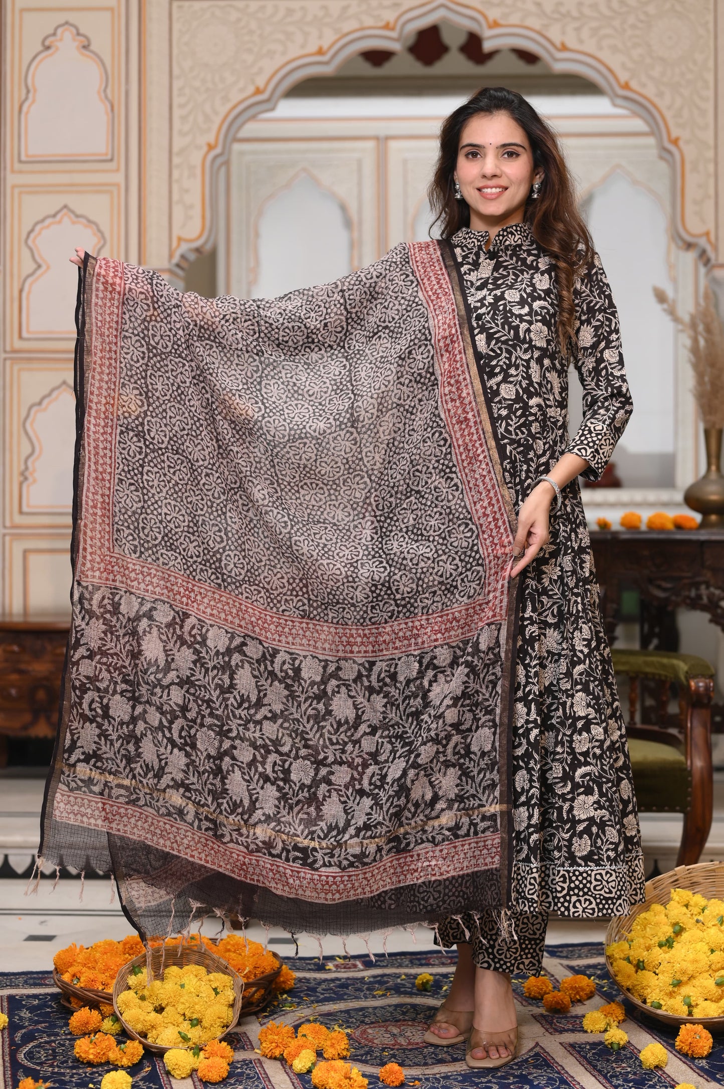 Black and Red Bagru Anarkali With Black and Red Kota Doriya Duptta