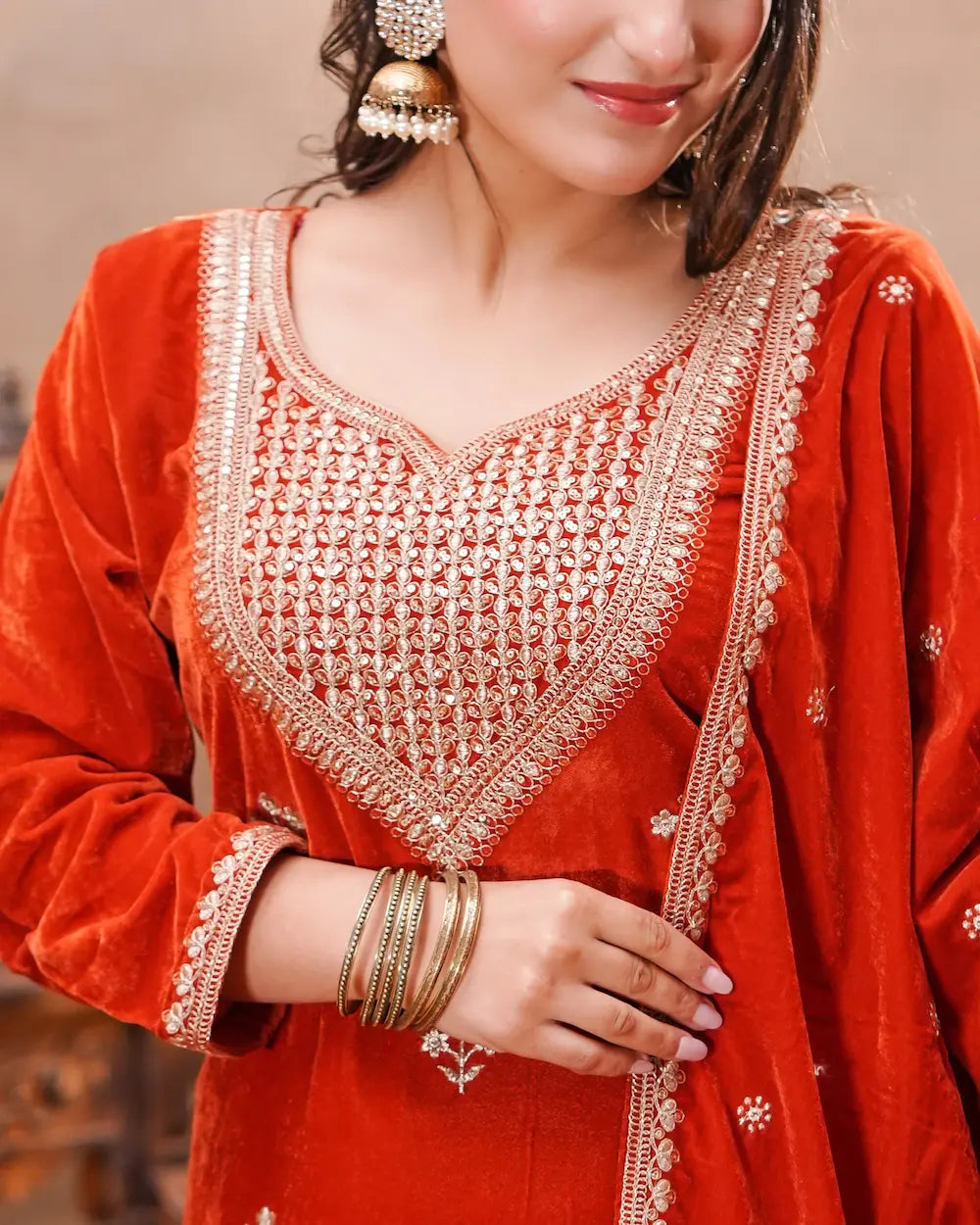 Rust Velvet Embroidered Suit Set with Dupatta – Shuchi Man