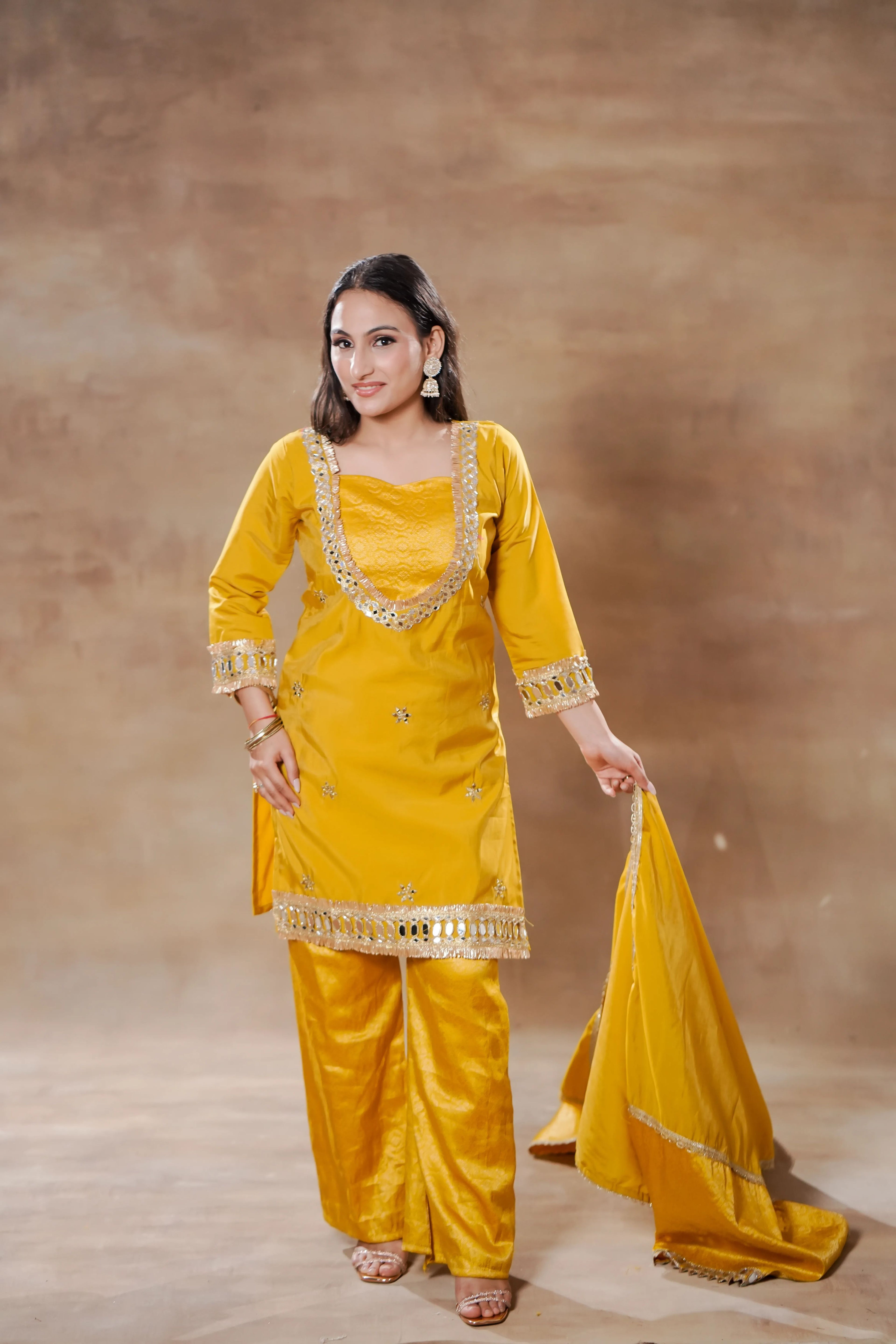 Yellow Silk Suit Set with Mirror Work