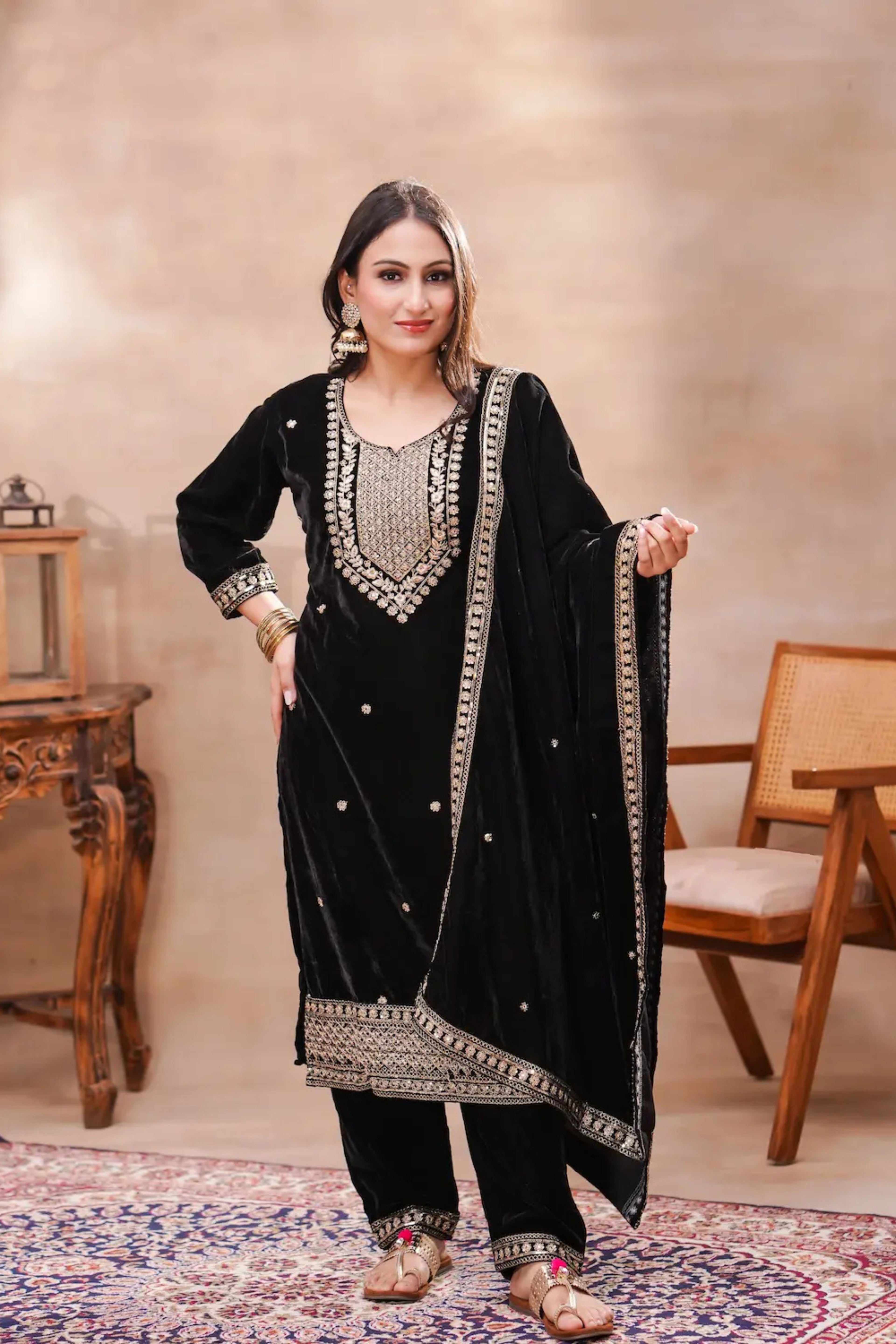 Black Velvet Embroidered Suit Set with Dupatta