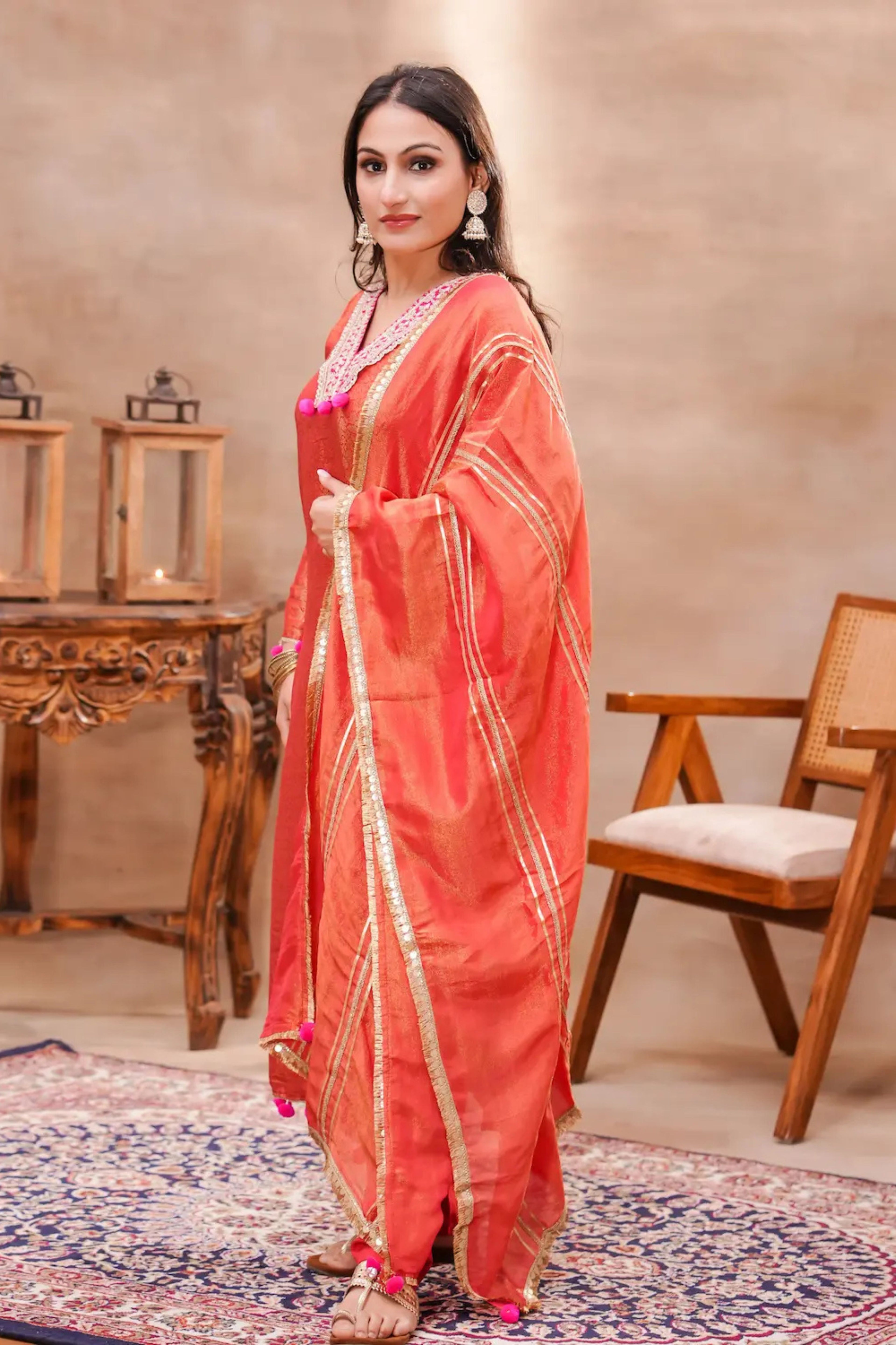 Rust Brocade Silk Kurta Set with Silk Dupatta