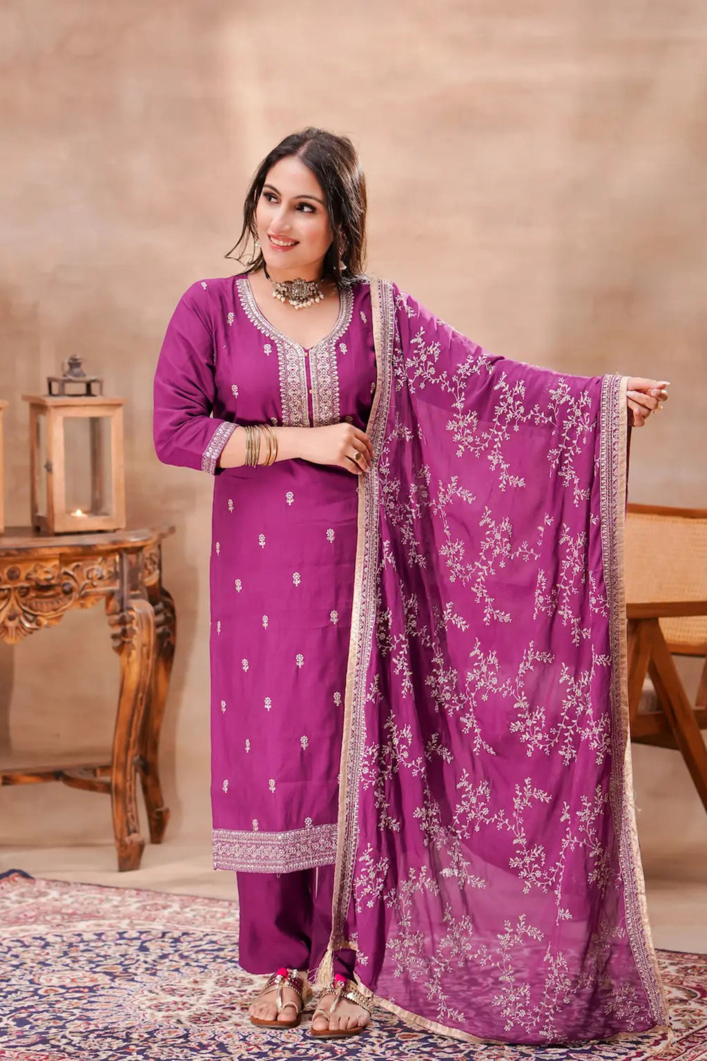Purple Jacquard Kurta Set with Silk Dupatta