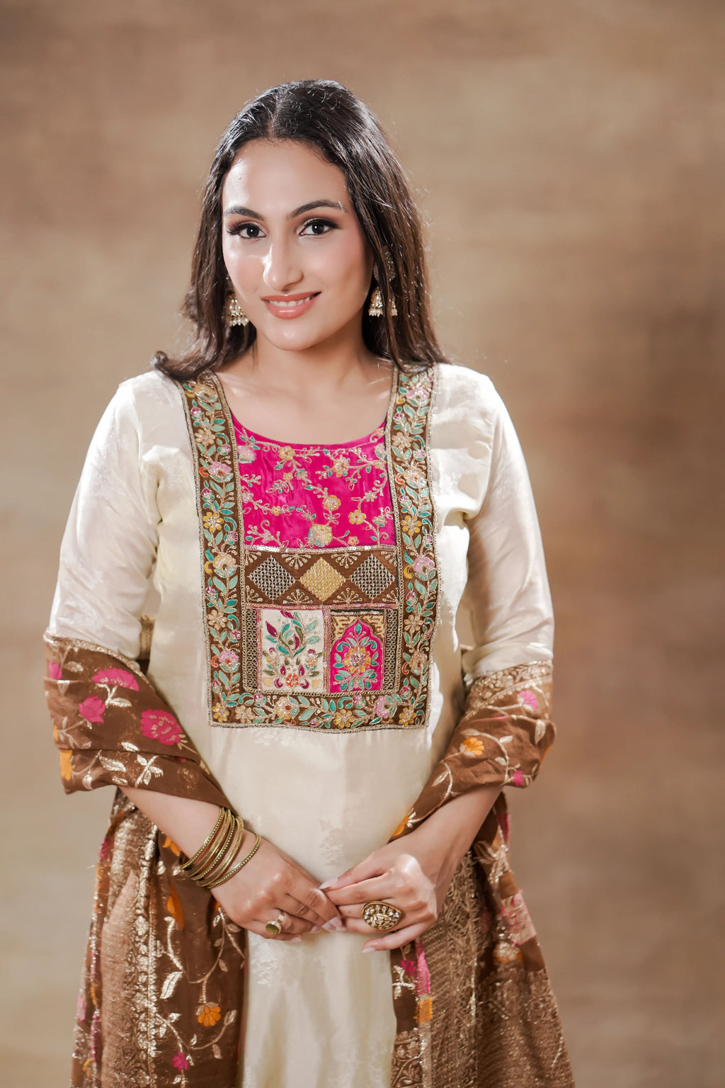 White with Colorful embroidery and Mehndi Brown Dupatta