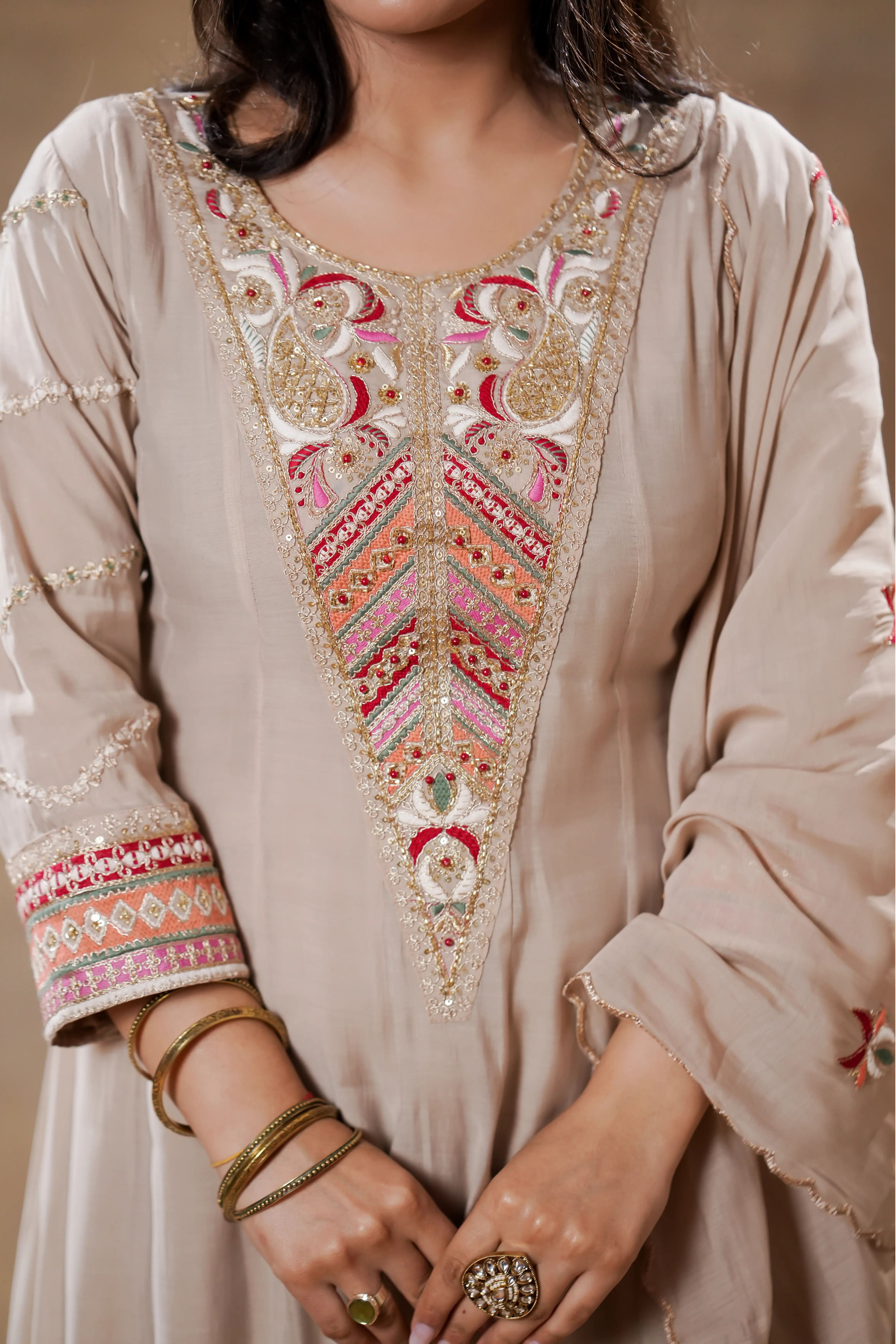 Biege Silk Anarkali Set