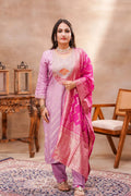 Lavender silk kurta with intricate design paired with a Banarasi dupatta from Shuchi Man, showcasing traditional Indian attire.