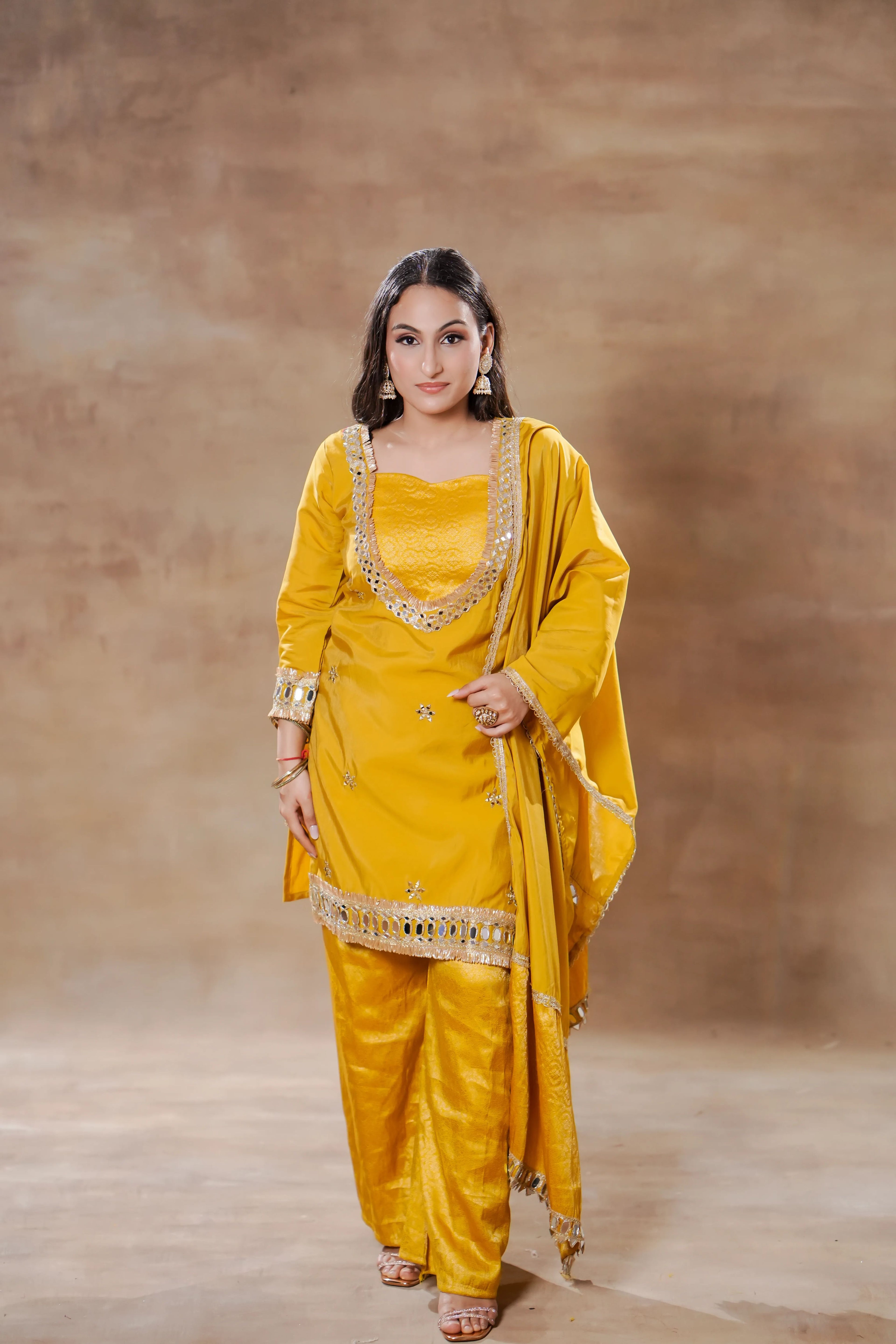 Yellow Silk Suit Set with Mirror Work