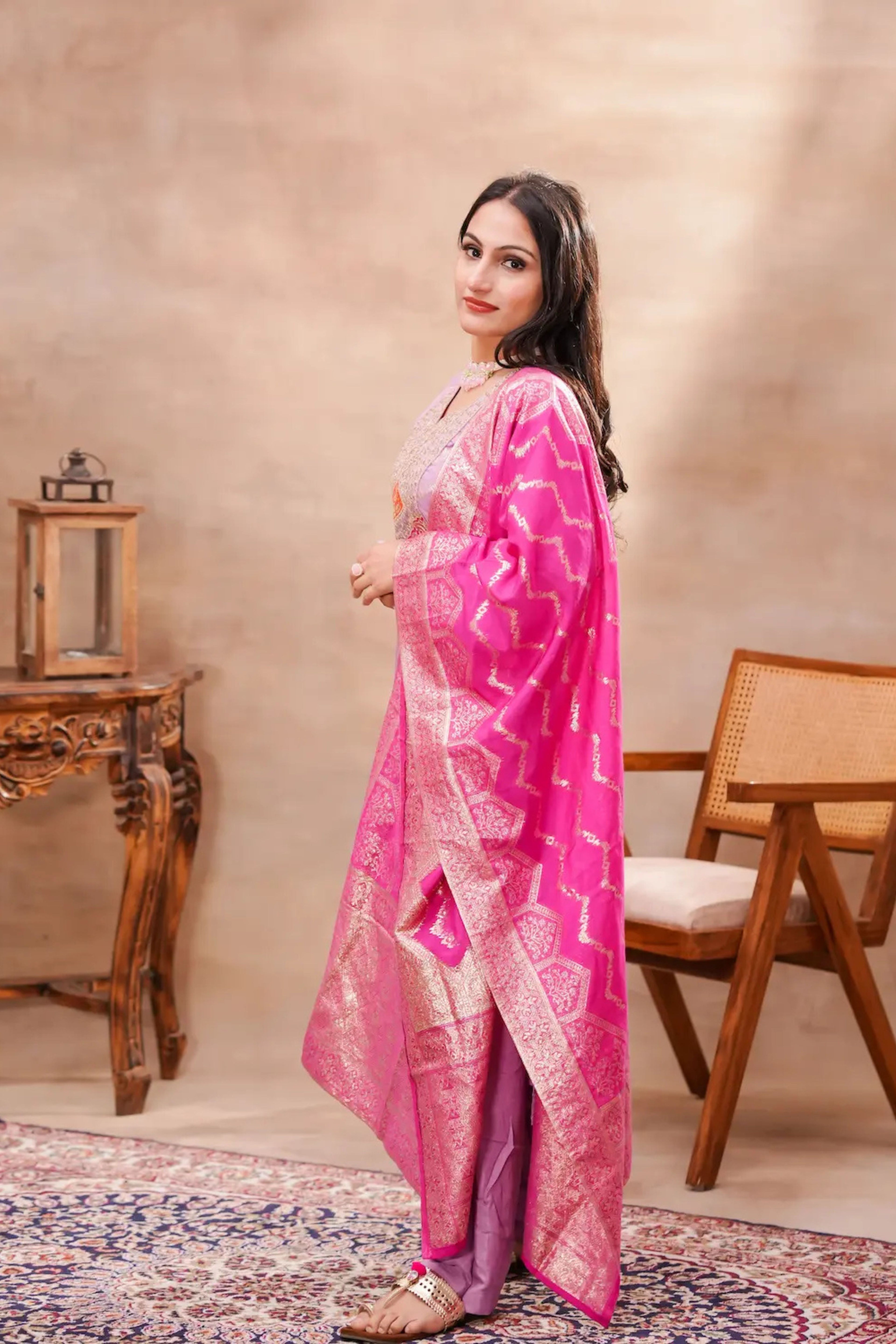 Lavender silk kurta with intricate Banarasi dupatta by Shuchi Man, showcasing elegant traditional Indian attire.