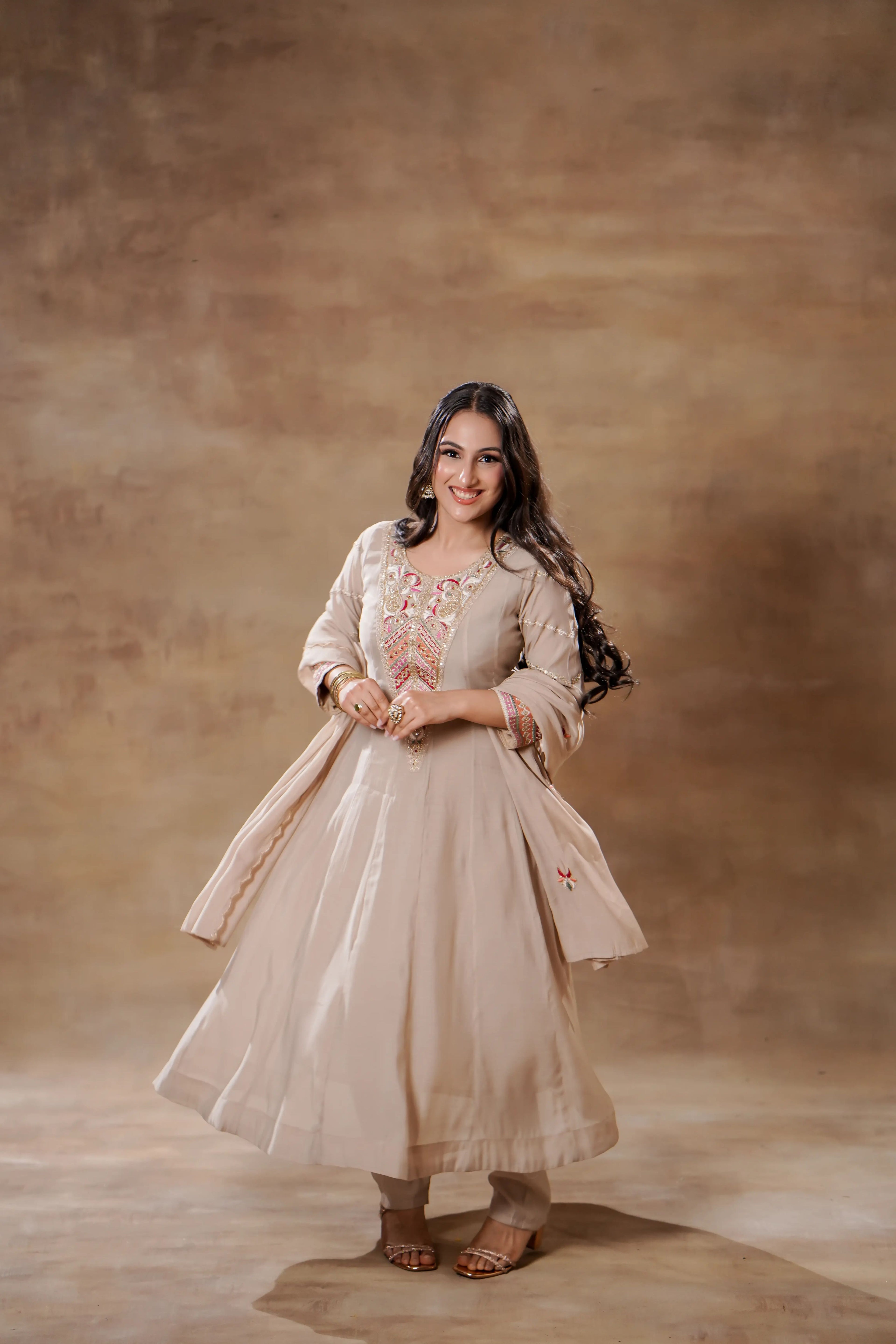 Biege Silk Anarkali Set