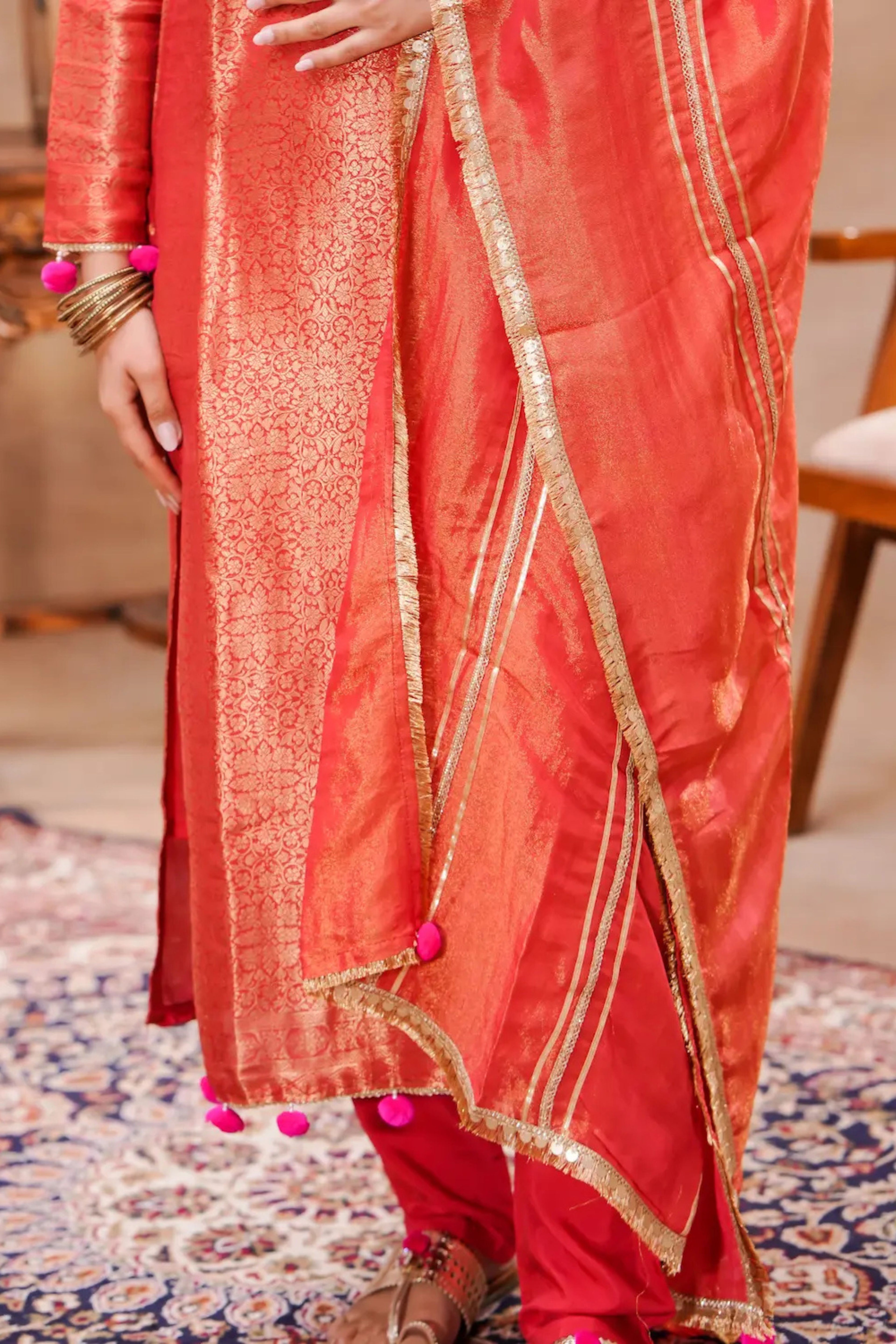 Rust Brocade Silk Kurta Set with Silk Dupatta