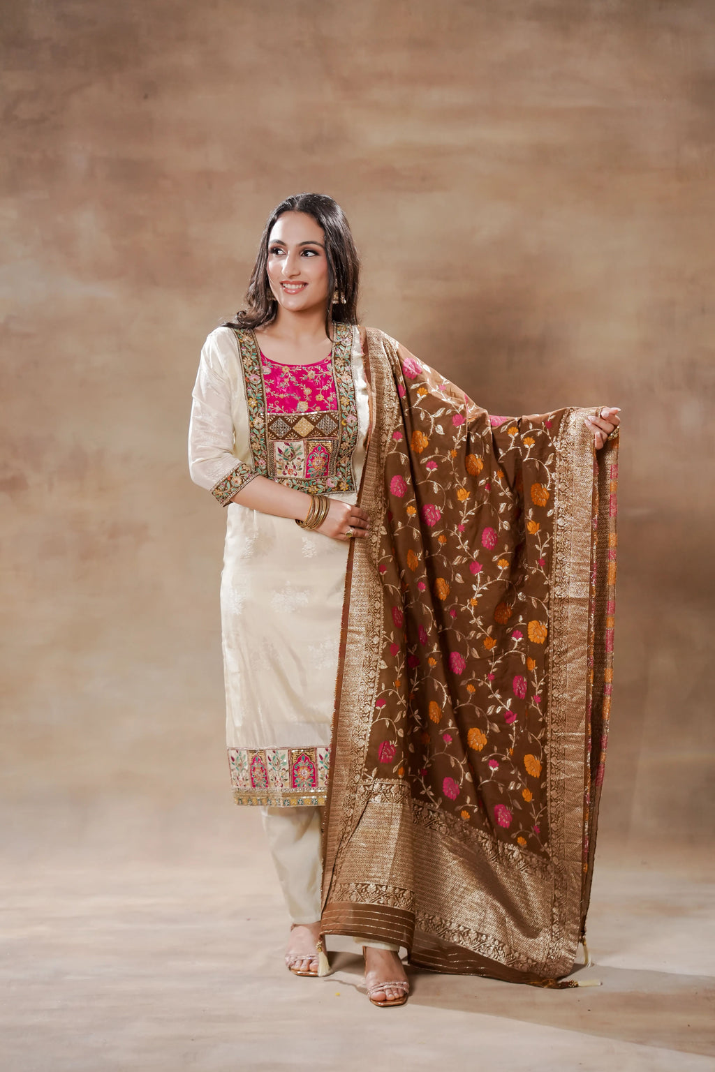 White with Colorful embroidery and Mehndi Brown Dupatta