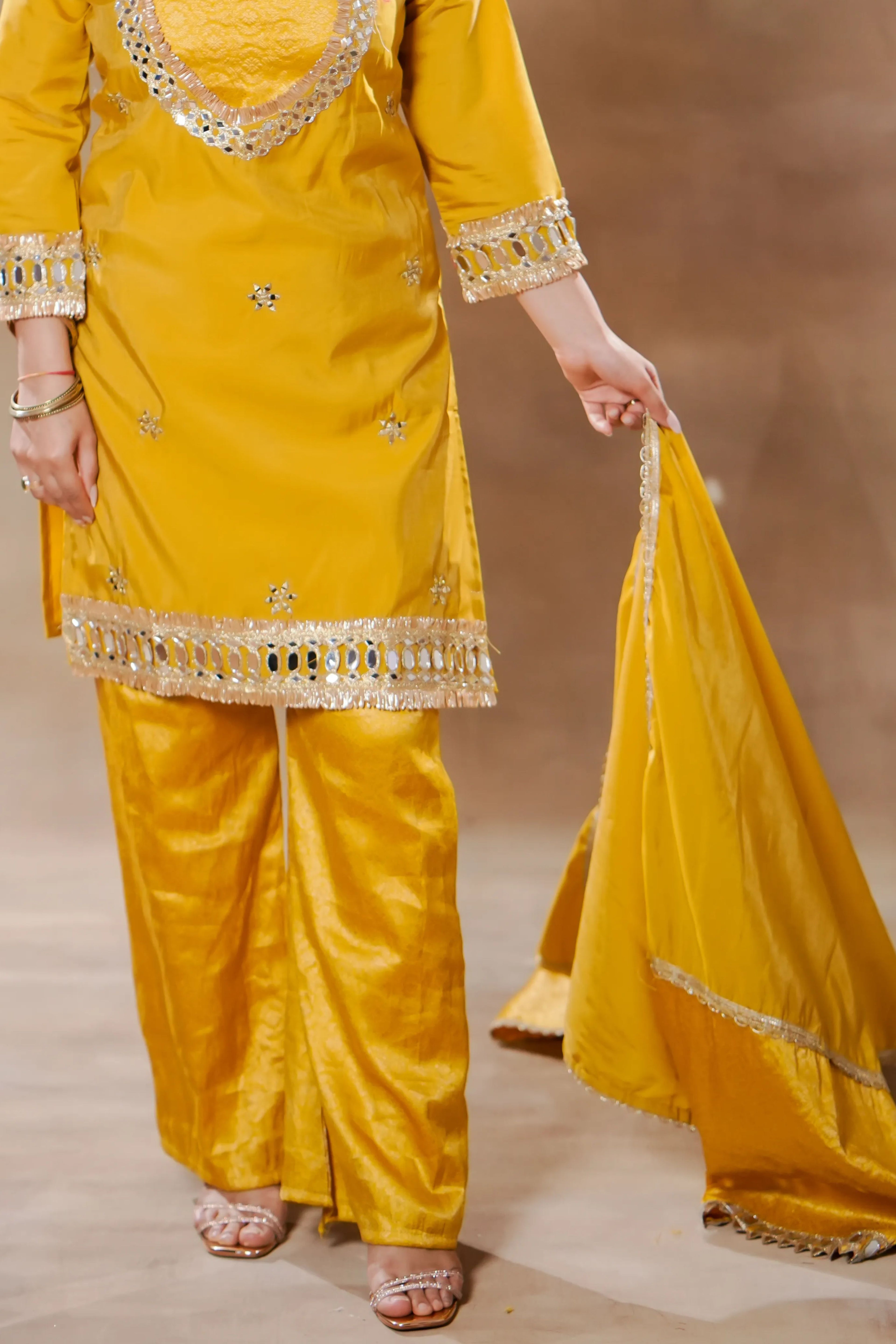 Yellow Silk Suit Set with Mirror Work
