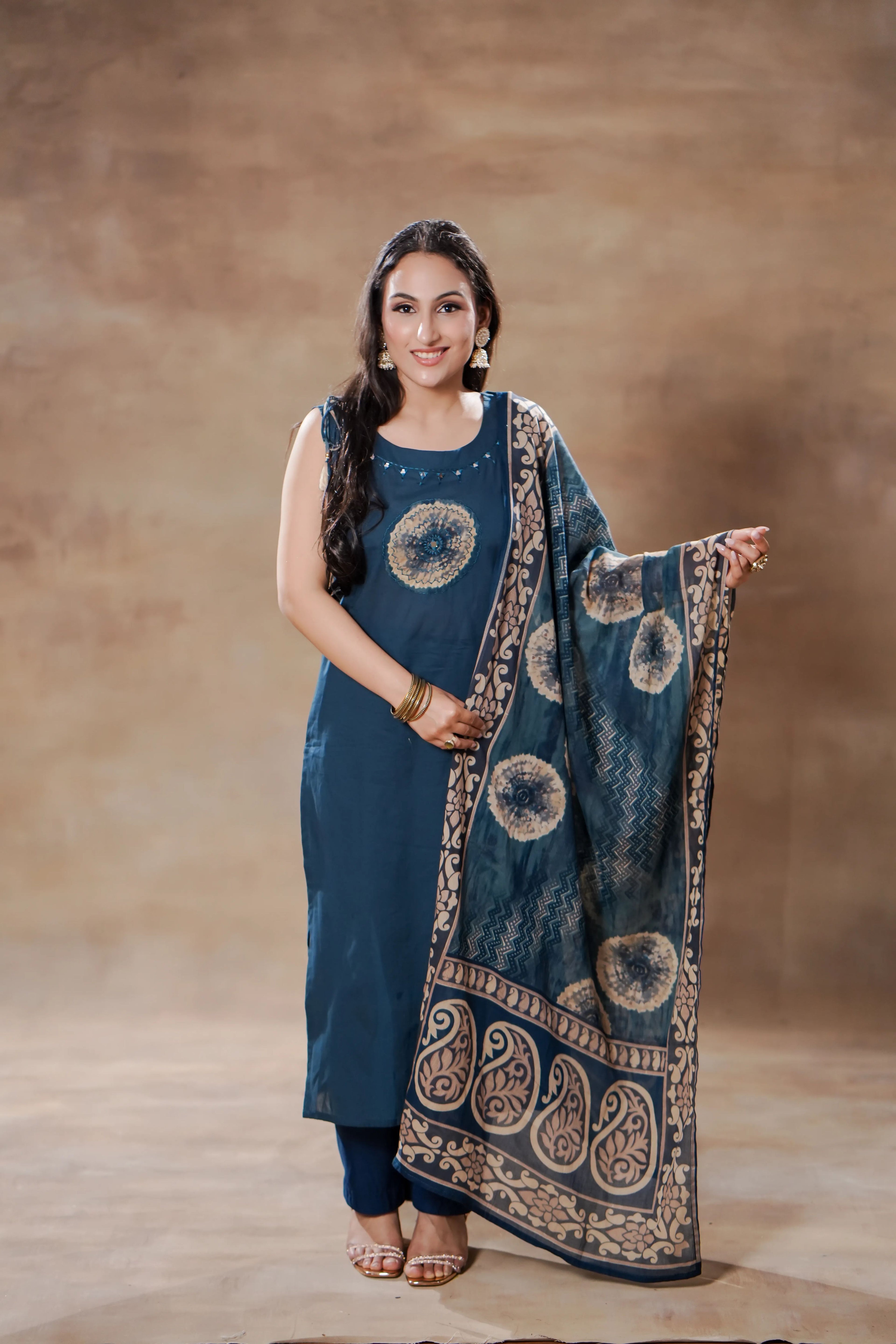 Indigo Breeze sleeveless cotton kurta set by Shuchi Man, featuring a vibrant blue sleeveless kurta with matching bottom and traditional design.