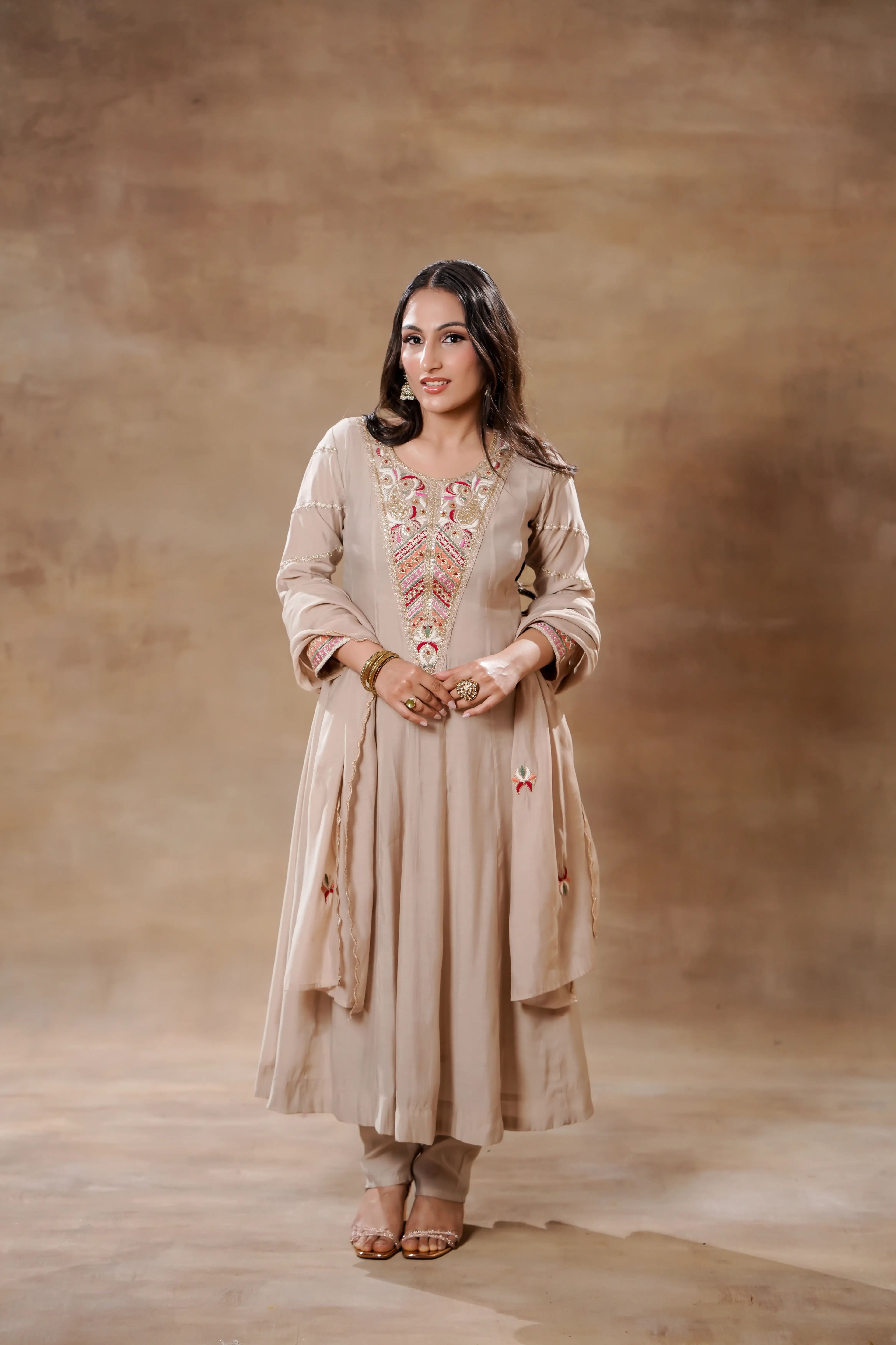 Biege Silk Anarkali Set