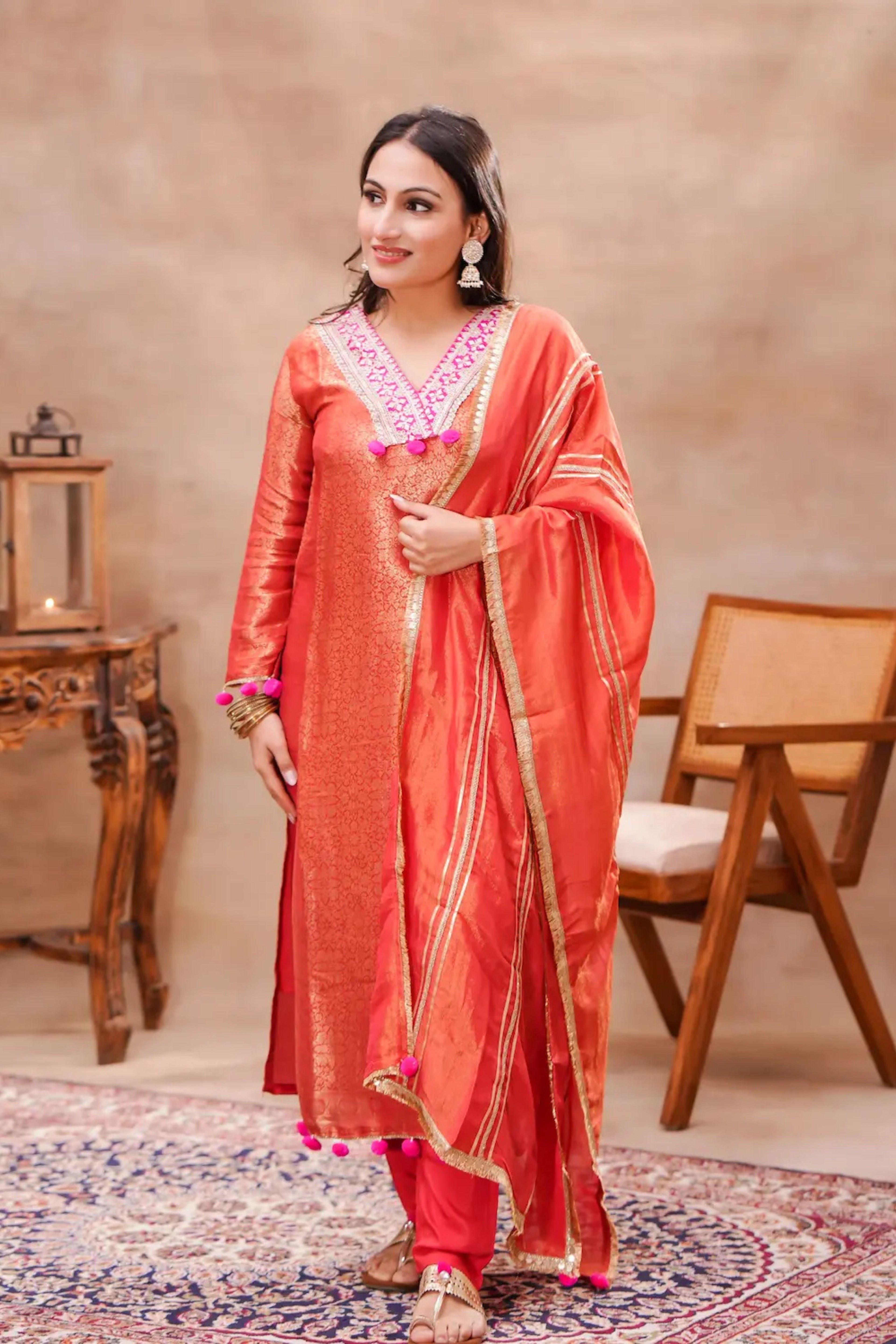 Rust Brocade Silk Kurta Set with Silk Dupatta