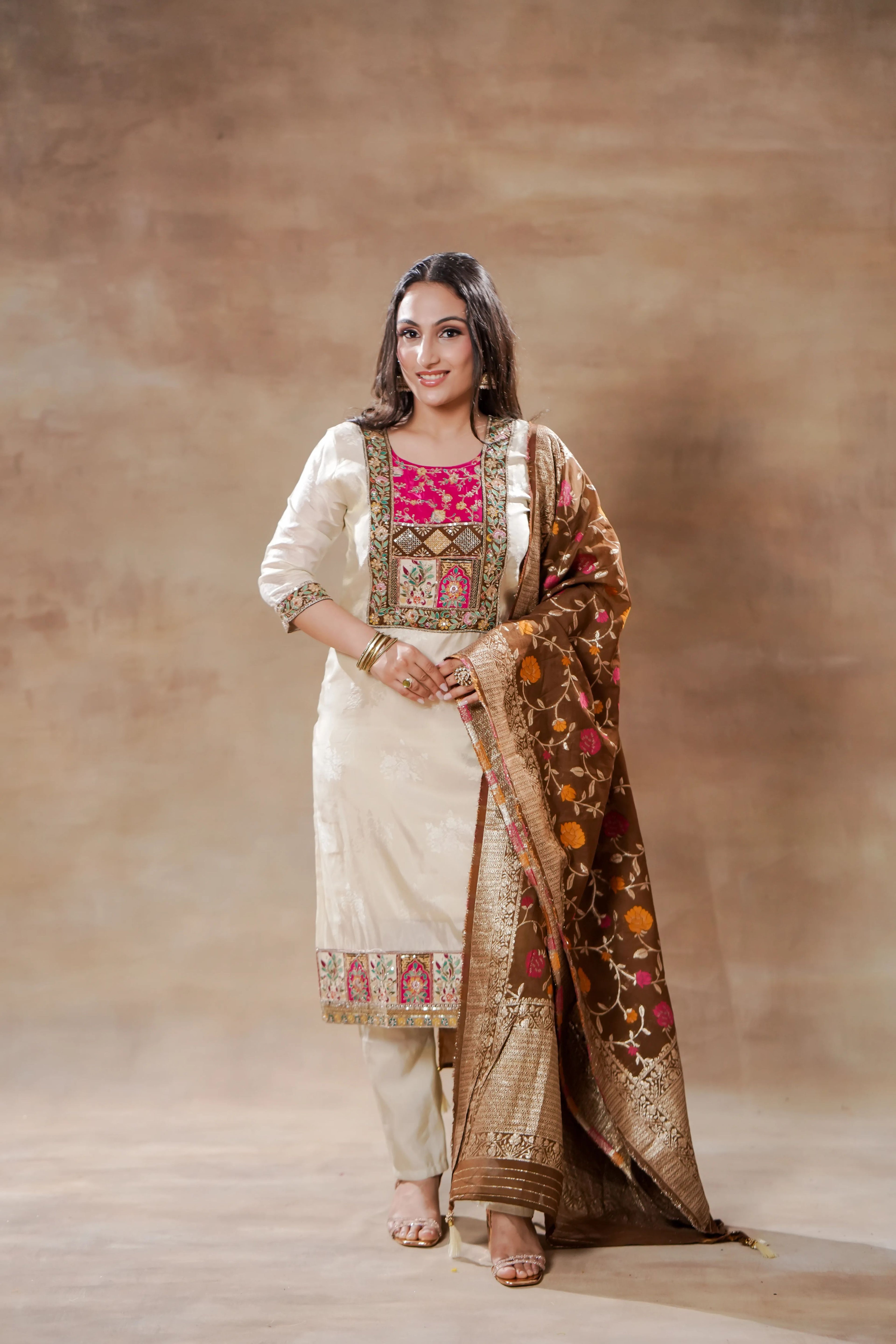 White with Colorful embroidery and Mehndi Brown Dupatta