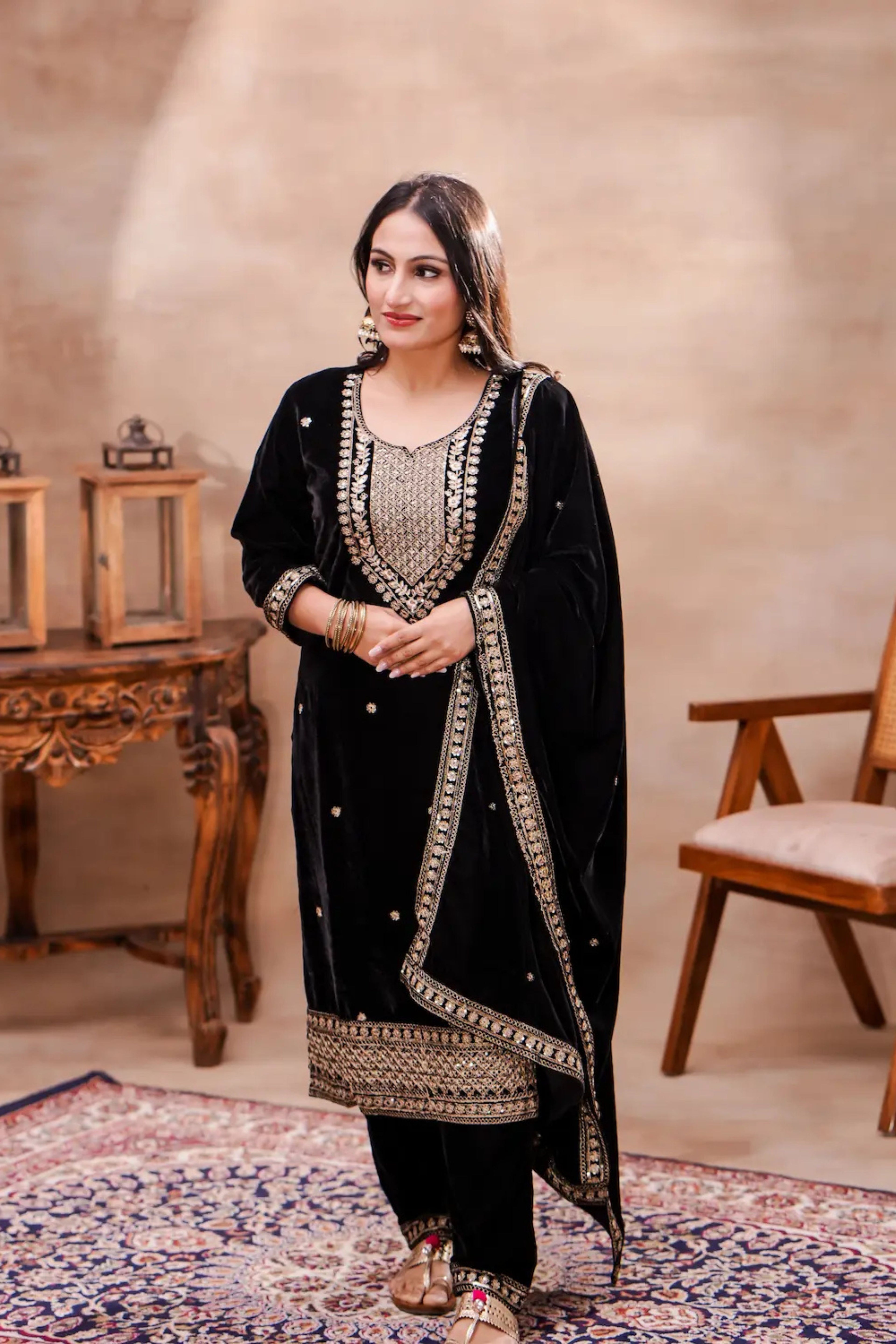 Black Velvet Embroidered Suit Set with Dupatta