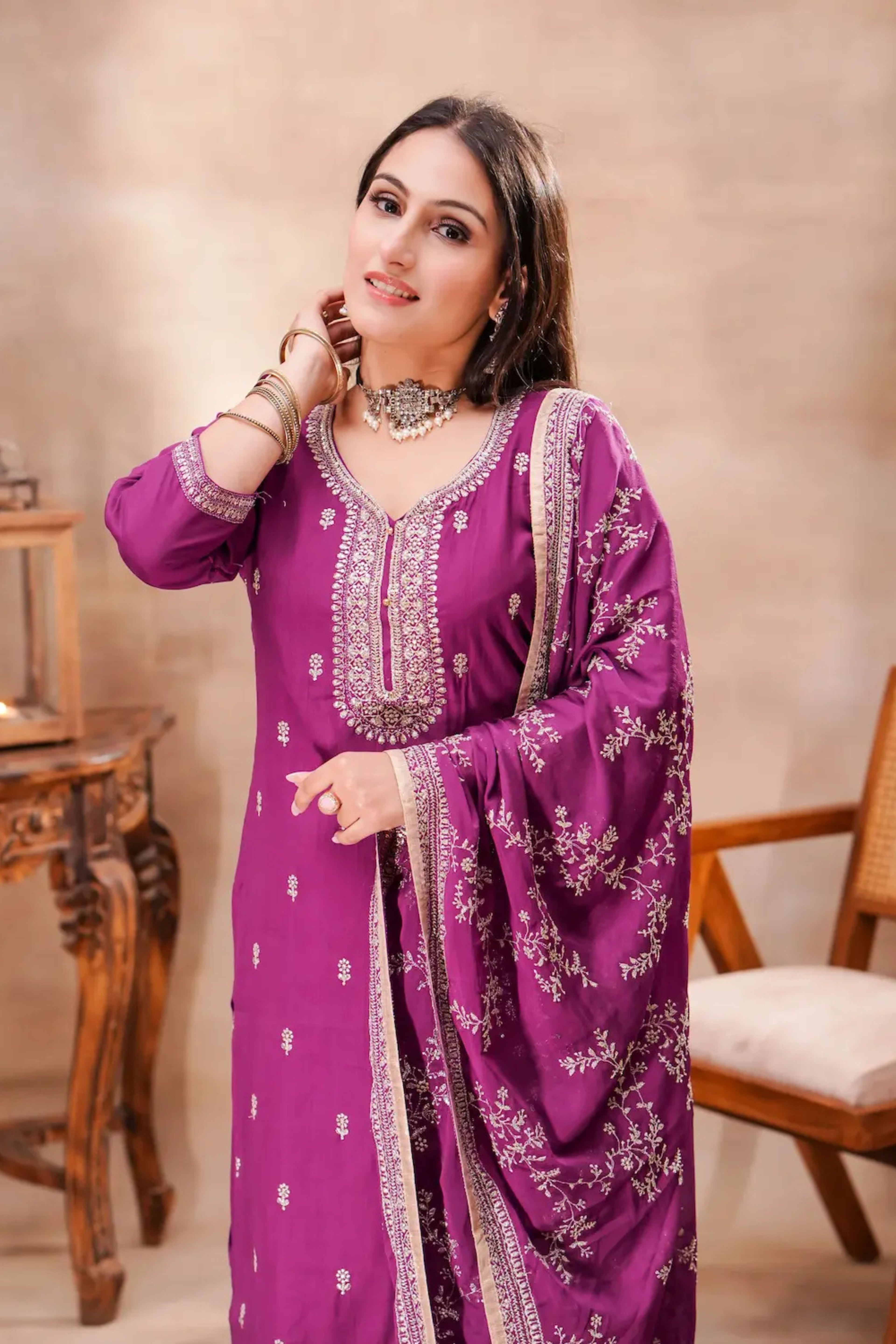 Purple Jacquard Kurta Set with Silk Dupatta