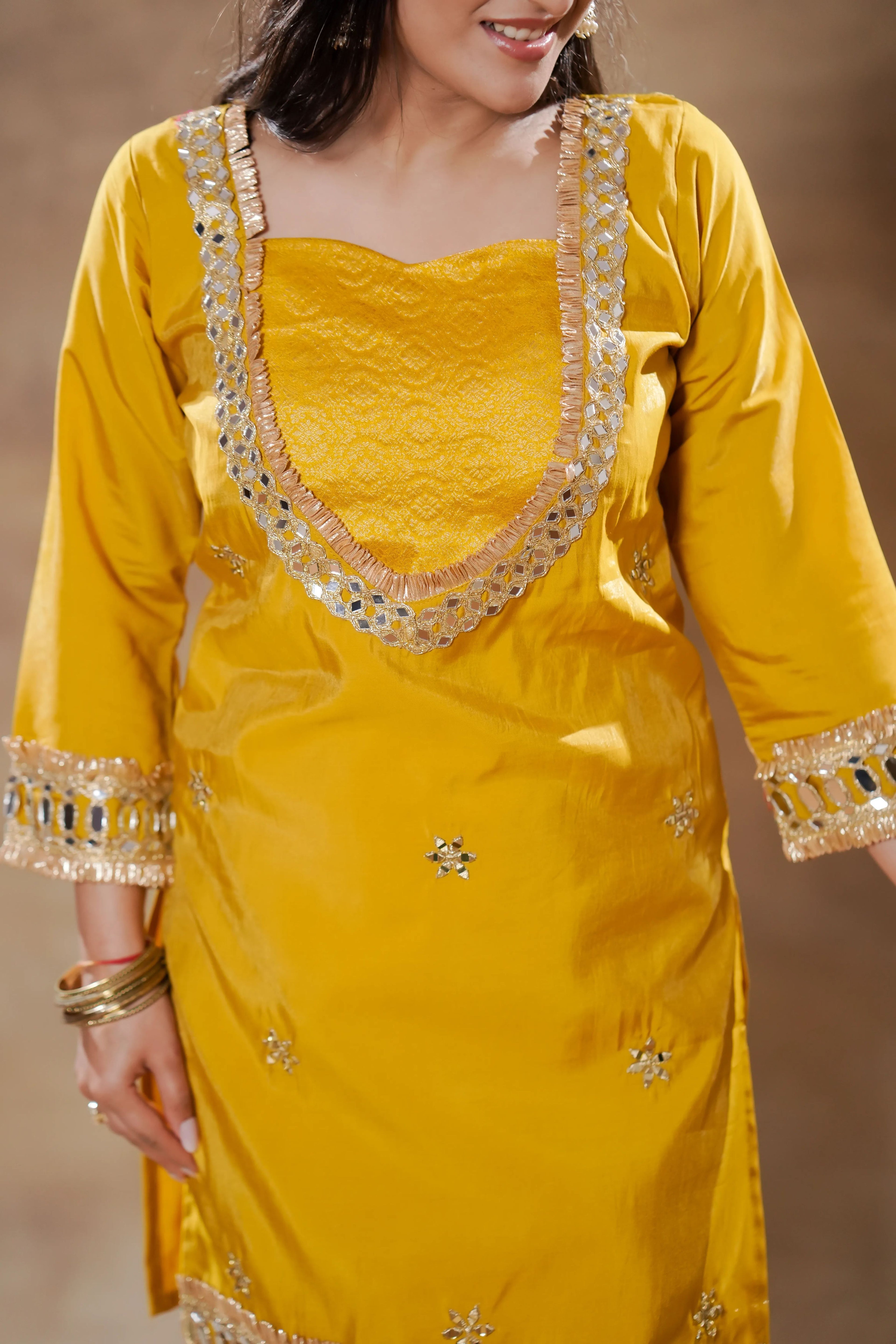 Yellow Silk Suit Set with Mirror Work