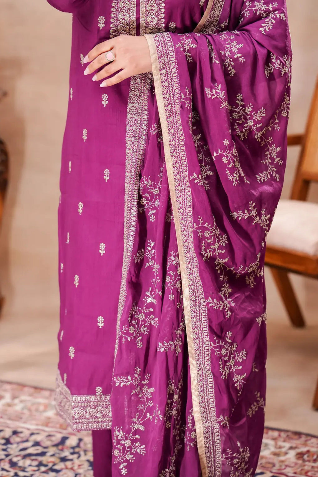 Purple Jacquard Kurta Set with Silk Dupatta