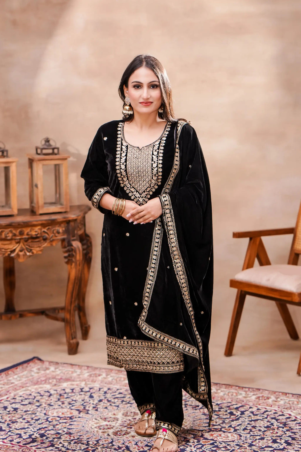 Black Velvet Embroidered Suit Set with Dupatta