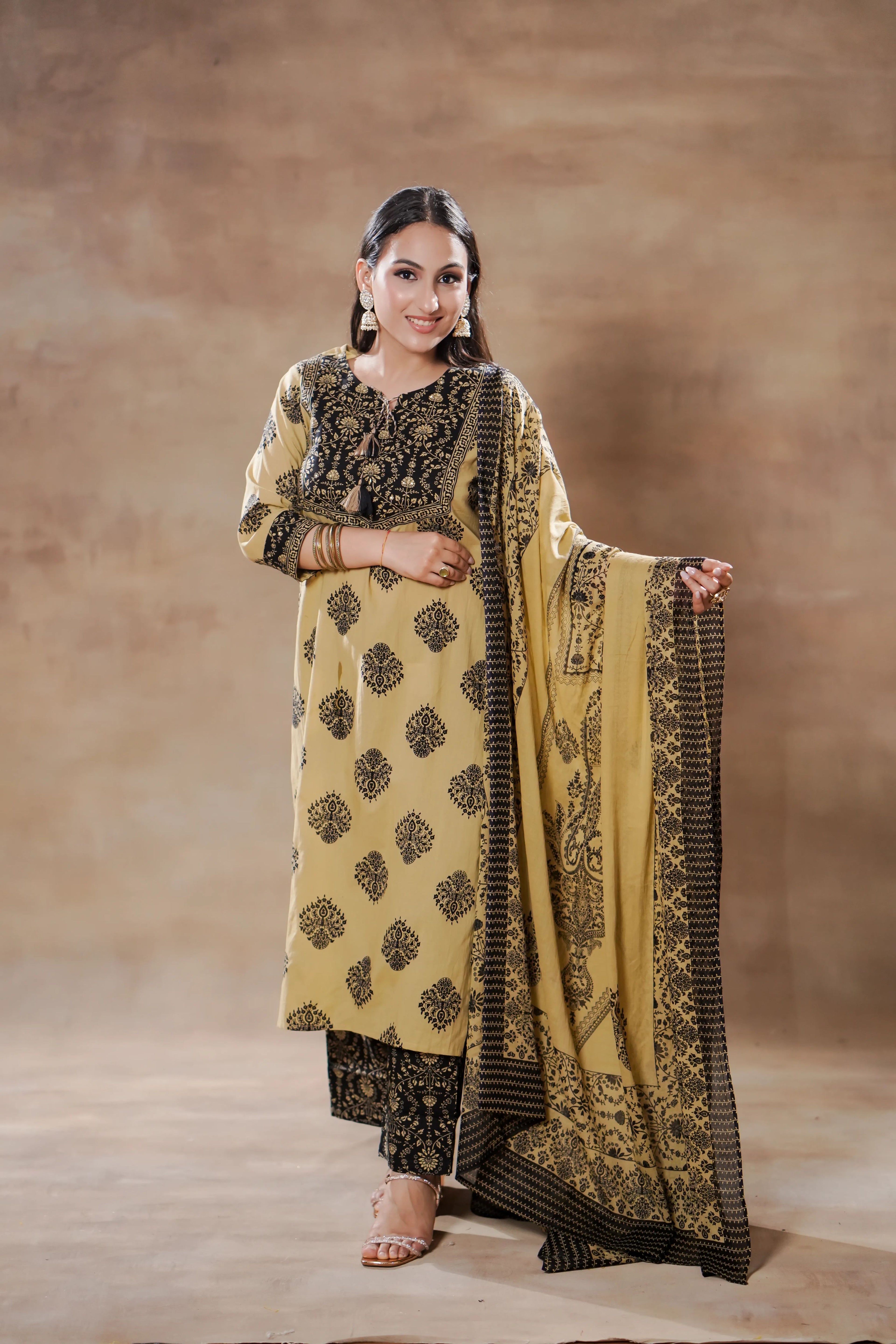Biege and Black Kurta Set