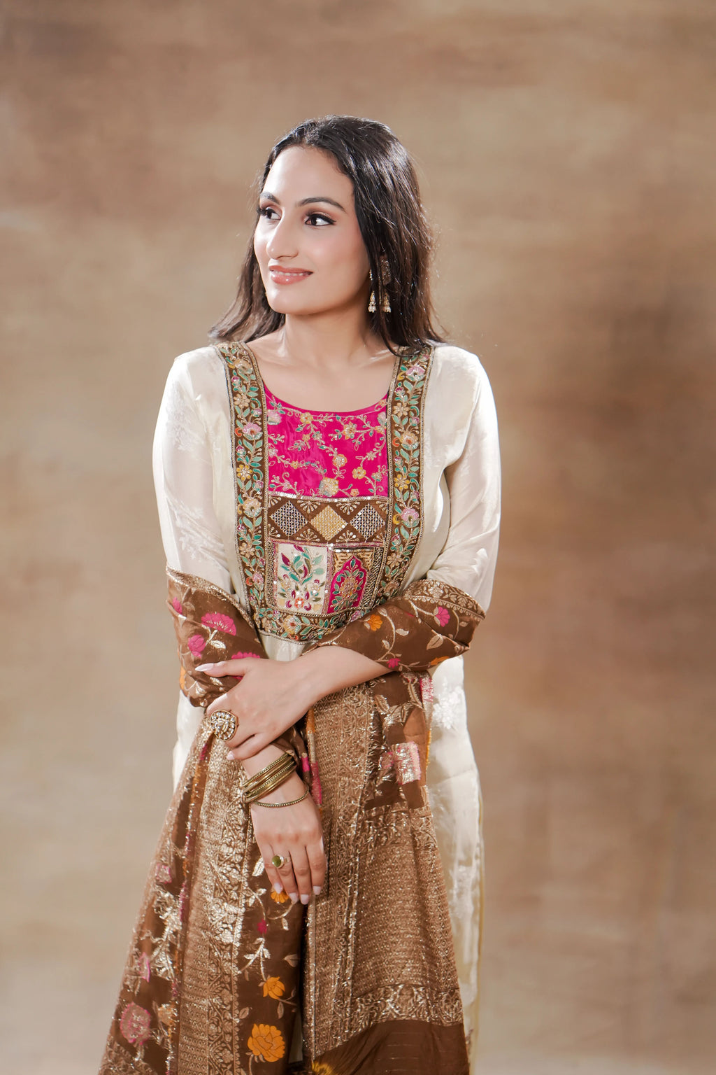 White with Colorful embroidery and Mehndi Brown Dupatta