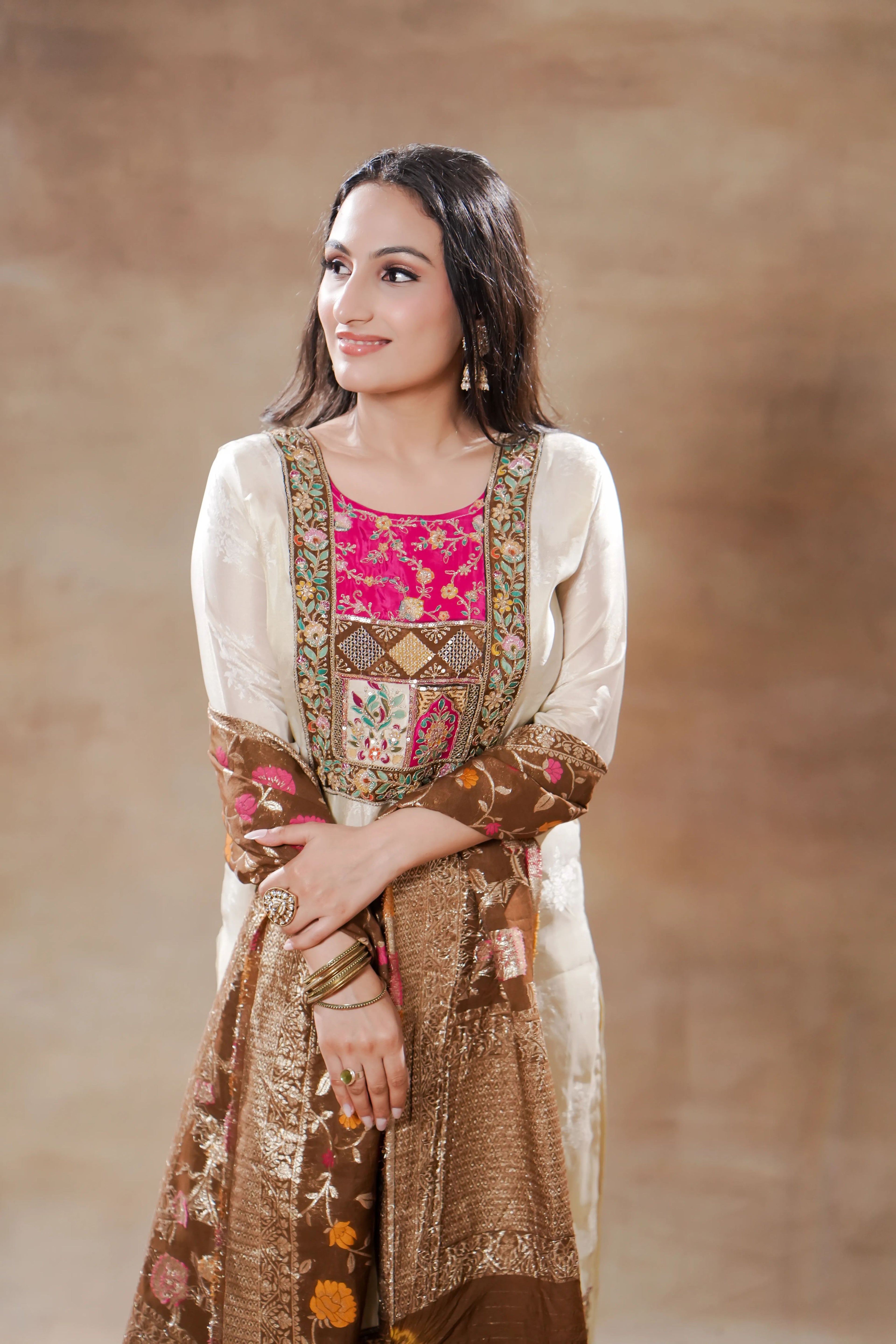 White with Colorful embroidery and Mehndi Brown Dupatta