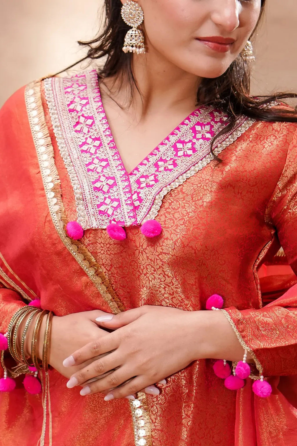 Rust Brocade Silk Kurta Set with Silk Dupatta