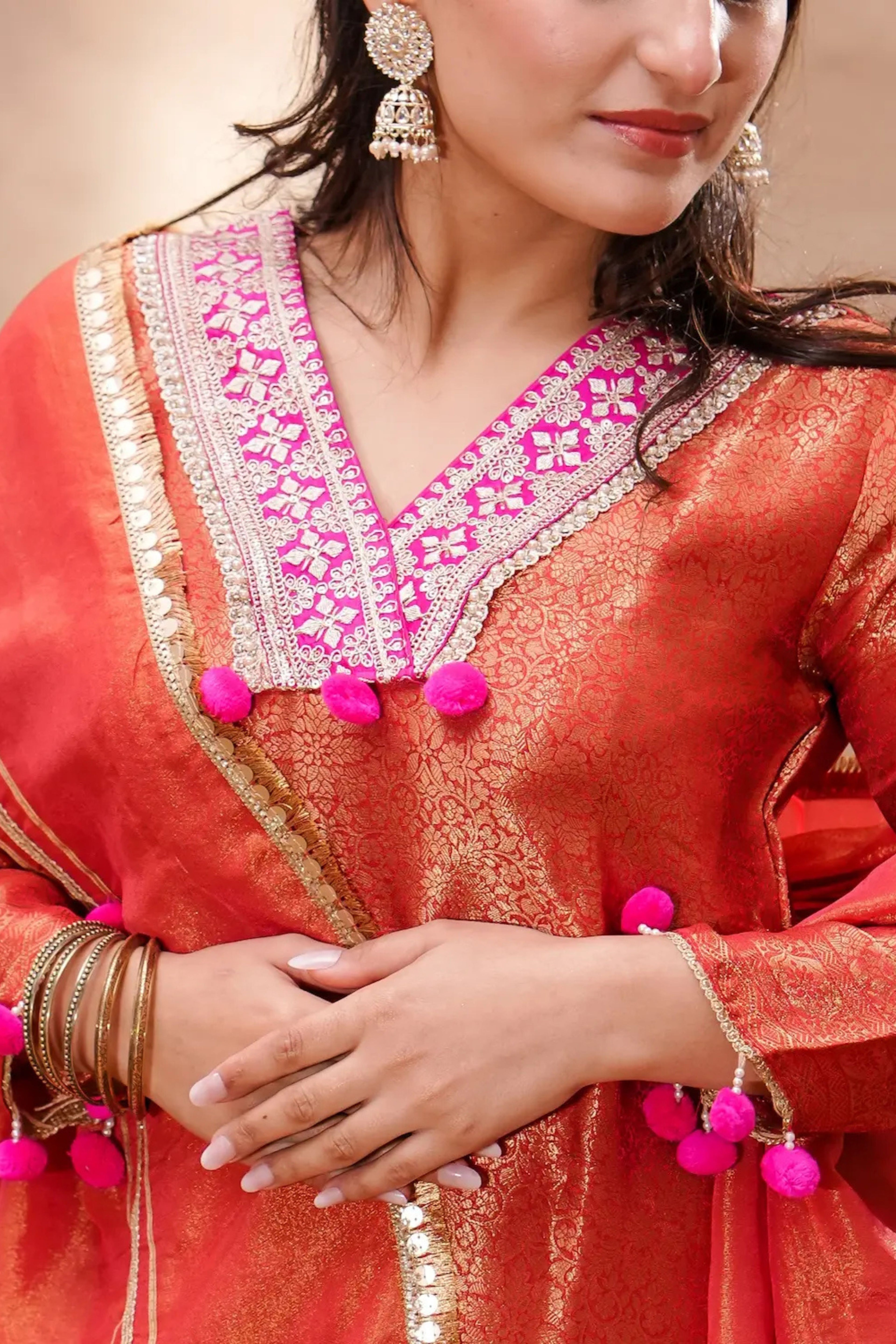 Rust Brocade Silk Kurta Set with Silk Dupatta