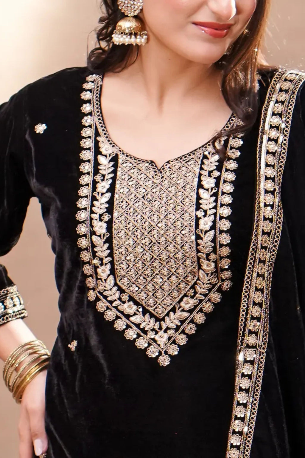 Black Velvet Embroidered Suit Set with Dupatta