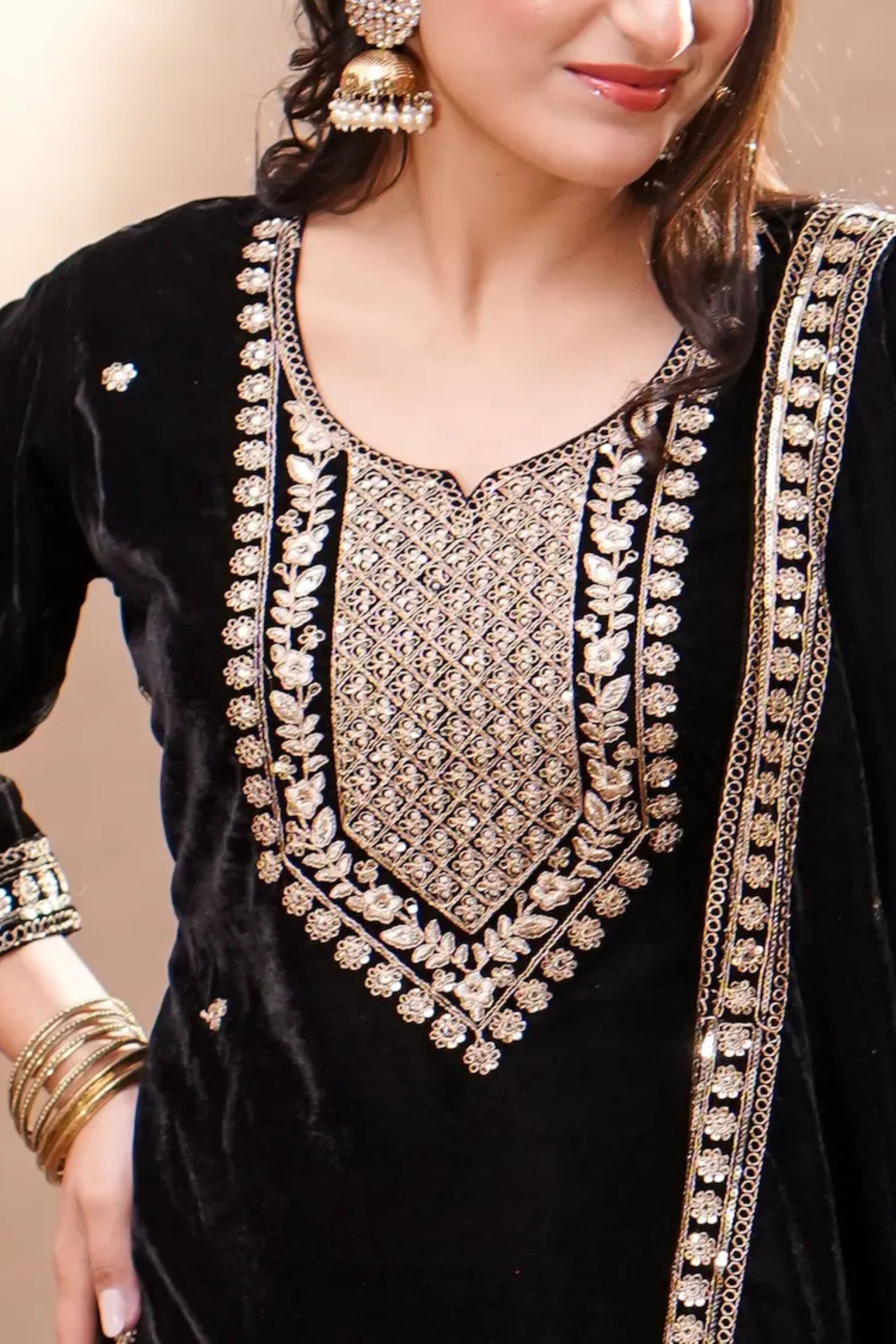Black Velvet Embroidered Suit Set with Dupatta