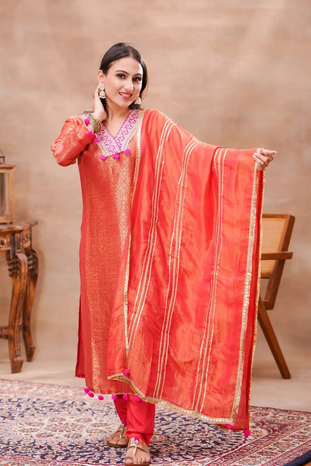 Rust Brocade Silk Kurta Set with Silk Dupatta