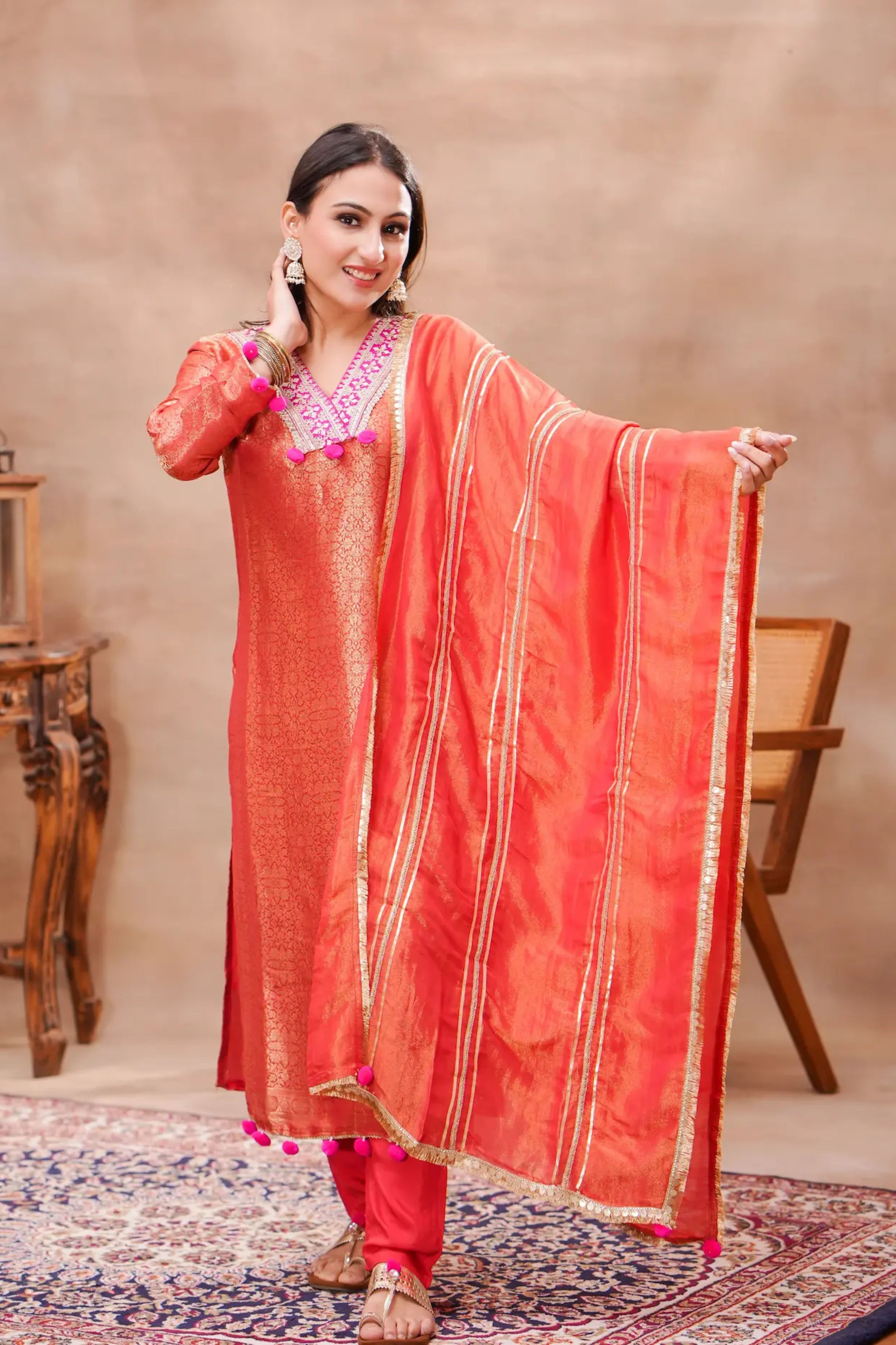 Rust Brocade Silk Kurta Set with Silk Dupatta