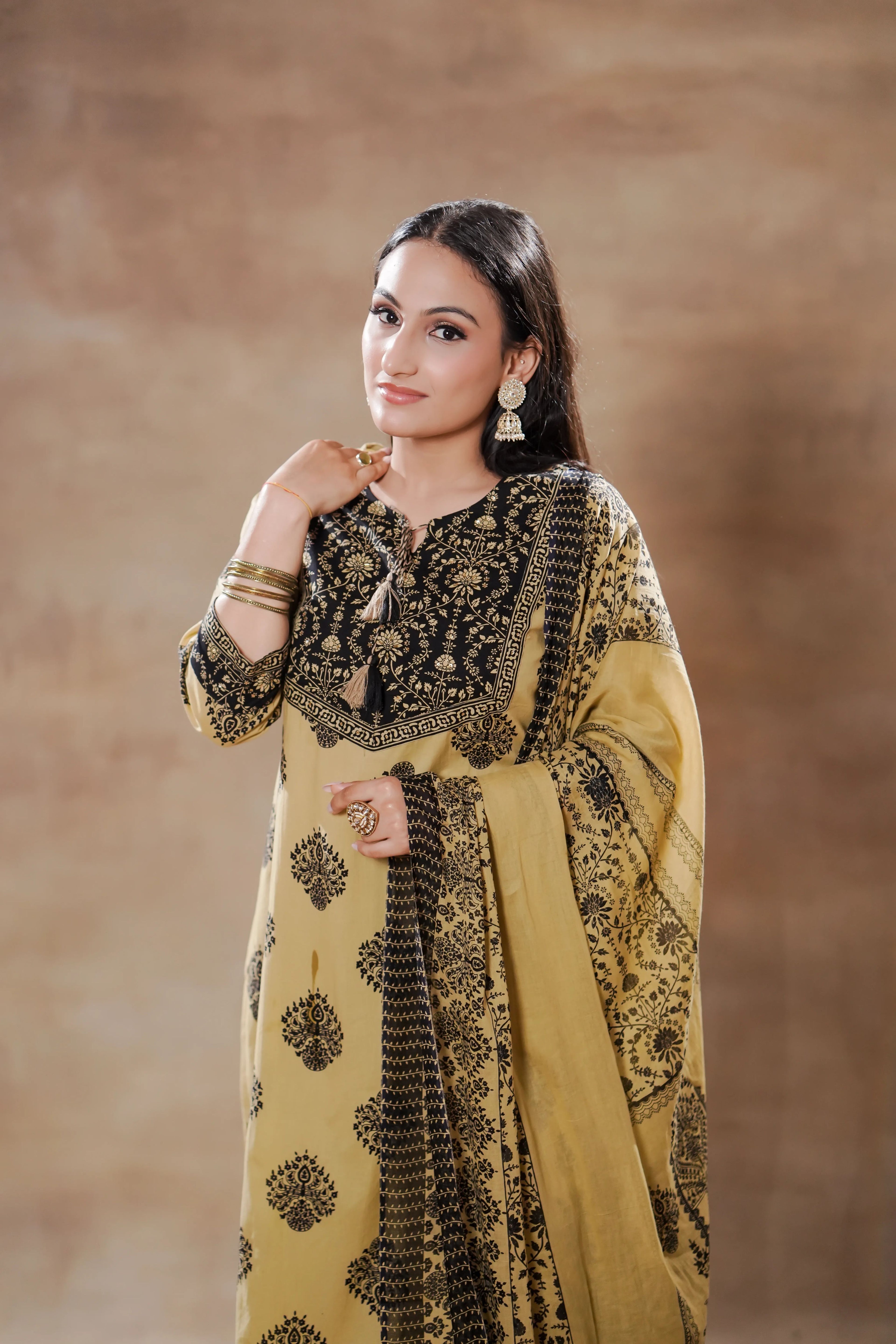 Biege and Black Kurta Set