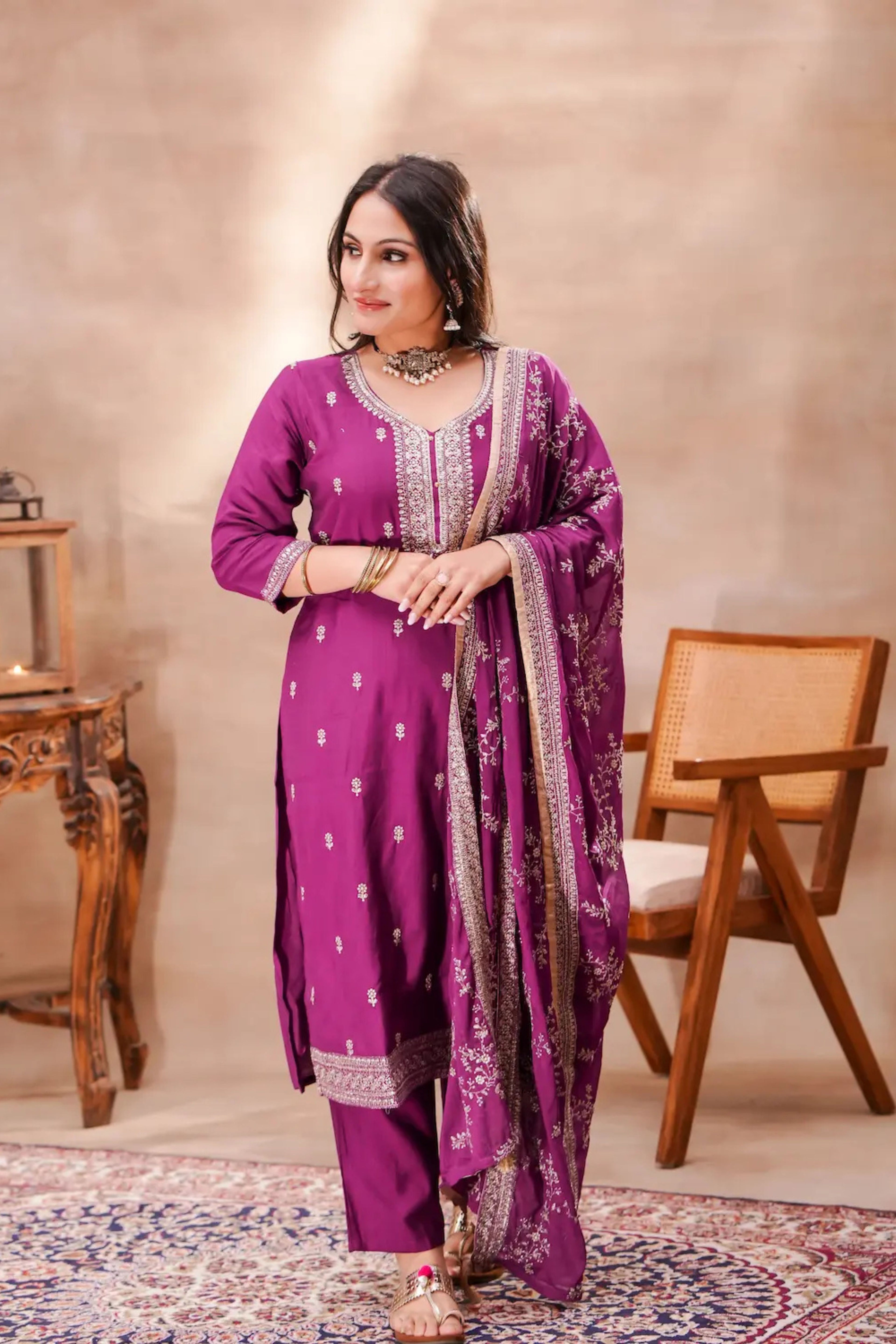 Purple Jacquard Kurta Set with Silk Dupatta