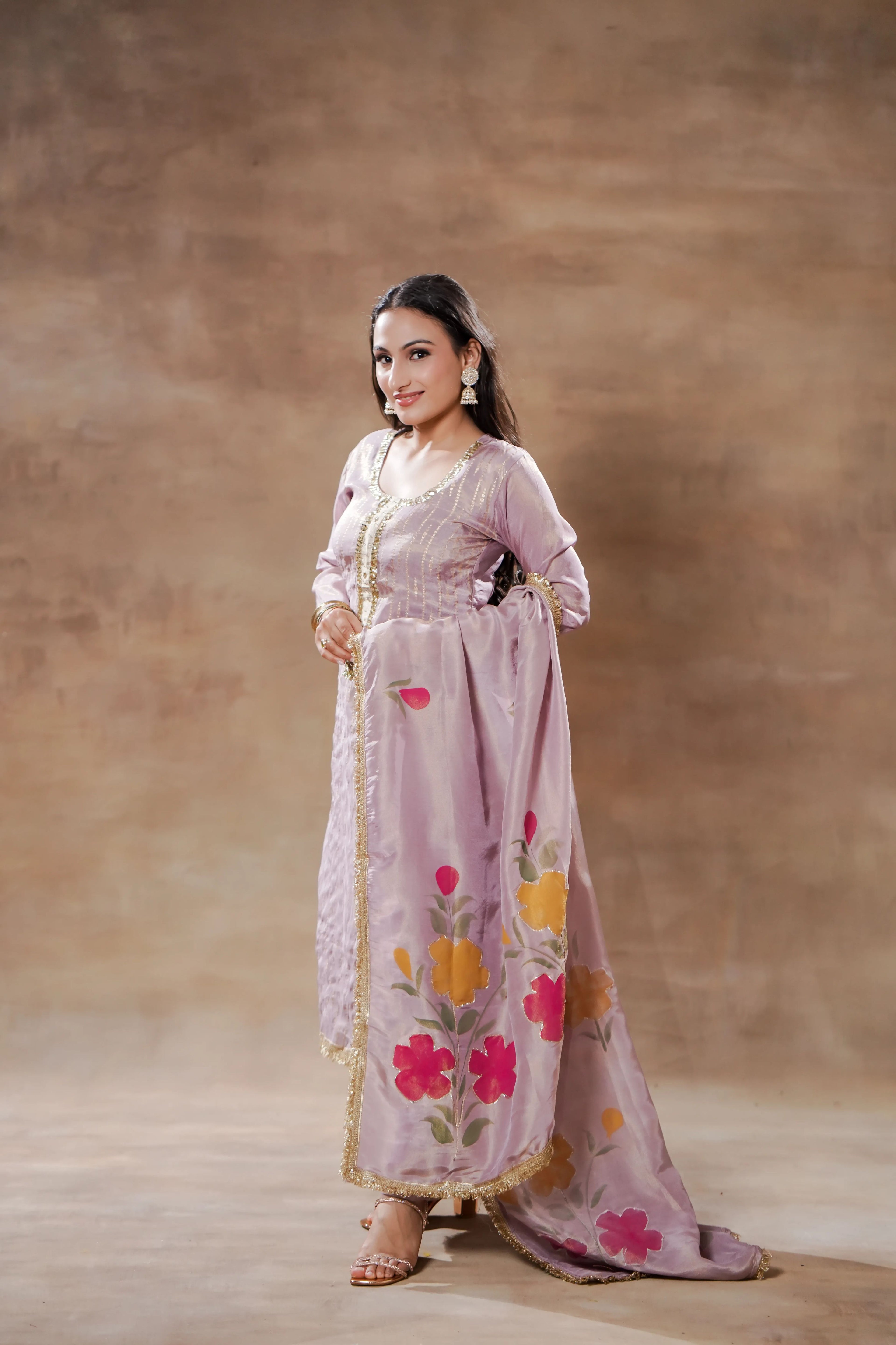 Lavender Radiance Tissue Silk Kurta Set by Shuchi Man featuring a flowy kurta and matching dupatta, elegant and lightweight for special occasions.