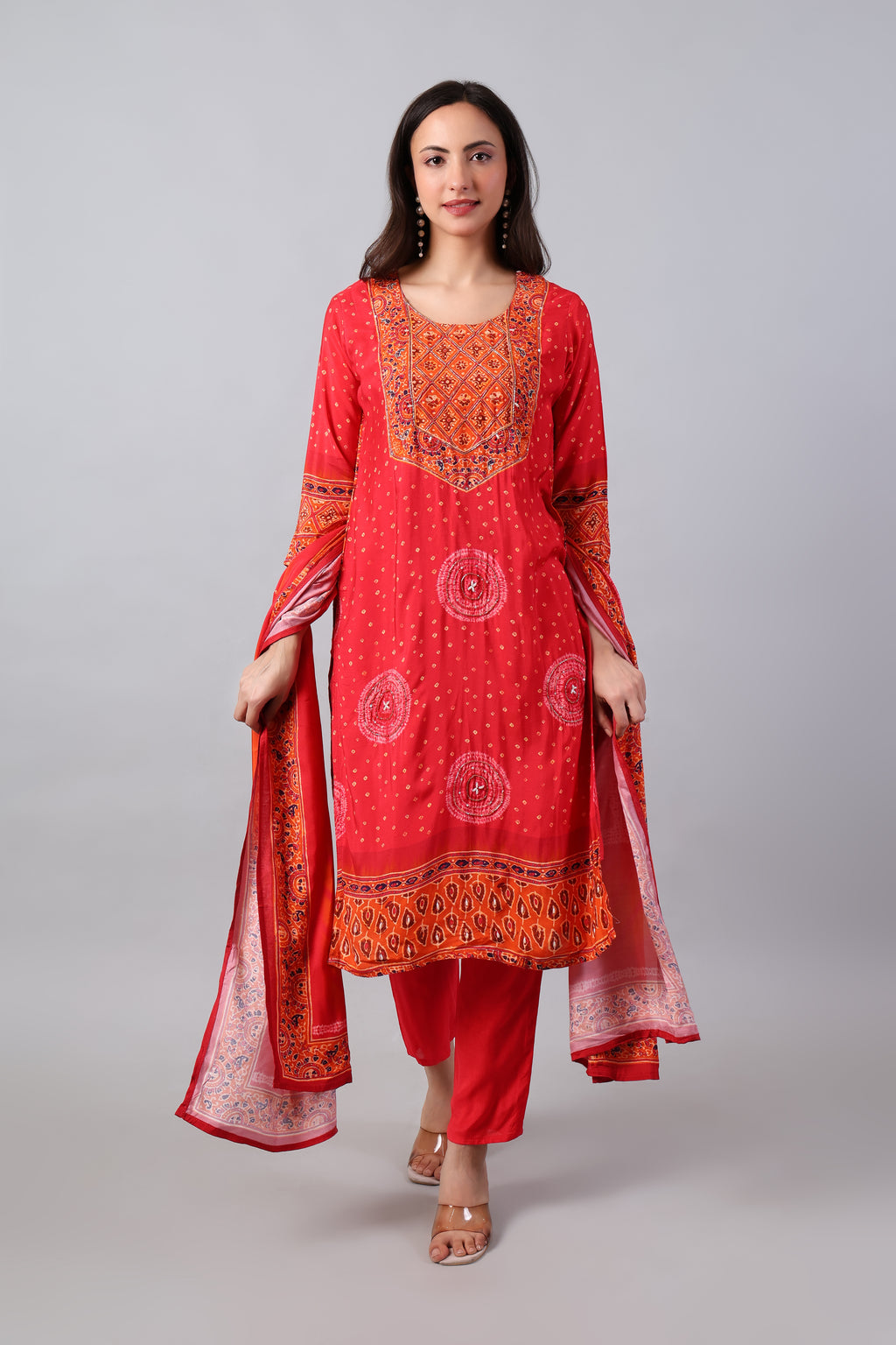 Red Bandhej Rayon Kurta Set with dupatta from Shuchi Man featuring traditional Bandhej print and intricate detailing.