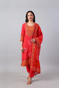 Red Bandhej rayon kurta set with matching dupatta by Shuchi Man, featuring traditional print and comfortable fit.
