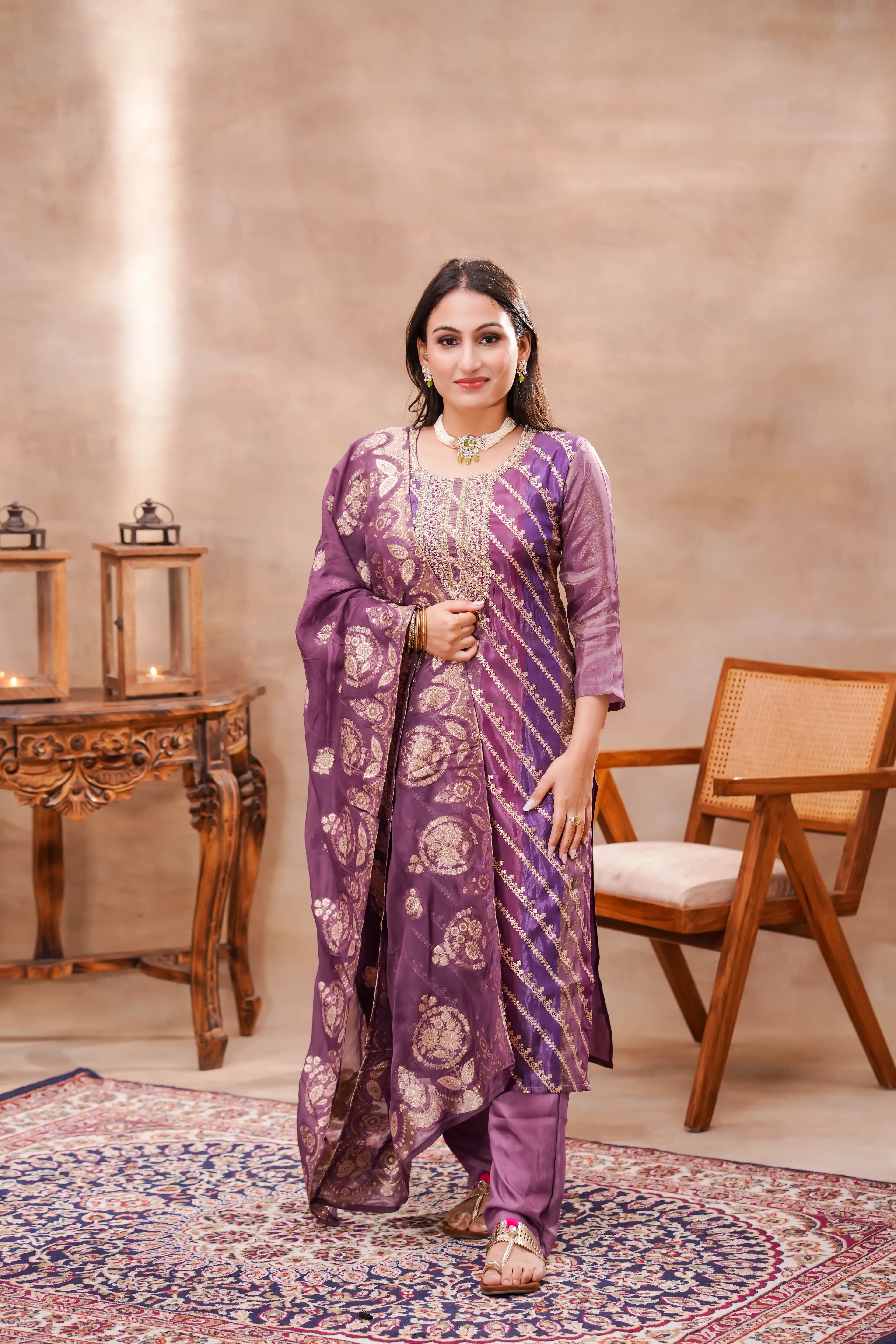 Shuchi Man royal jacquard silk kurta set with intricate embroidery, worn for festive occasions, featuring a matching dupatta and churidar.