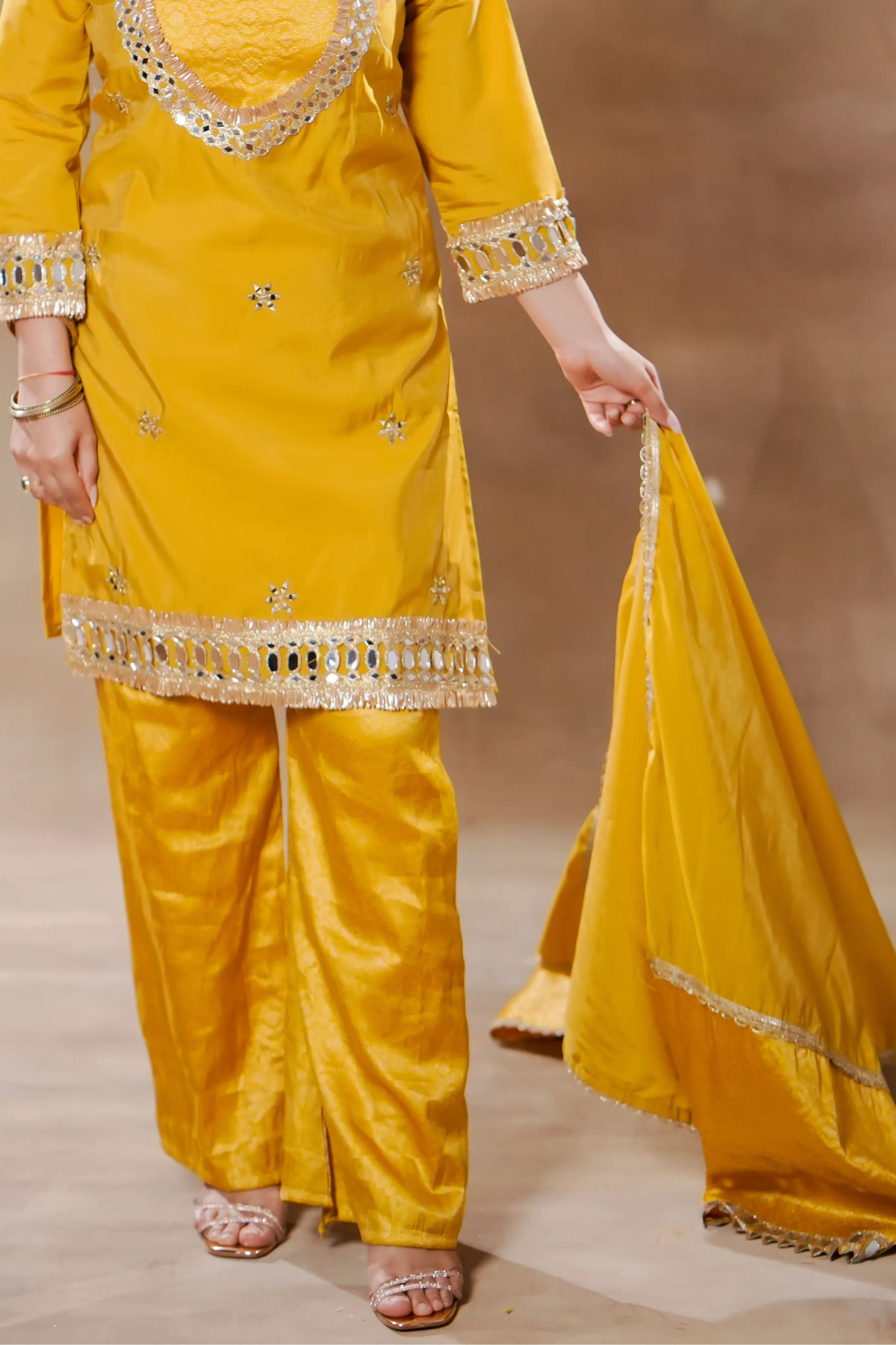 Yellow Silk Suit Set with Mirror Work