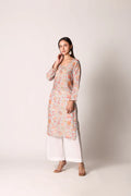 Pastel aqua linen viscose printed kurta by Shuchi Man featuring floral patterns and a relaxed fit, ideal for casual and festive wear.