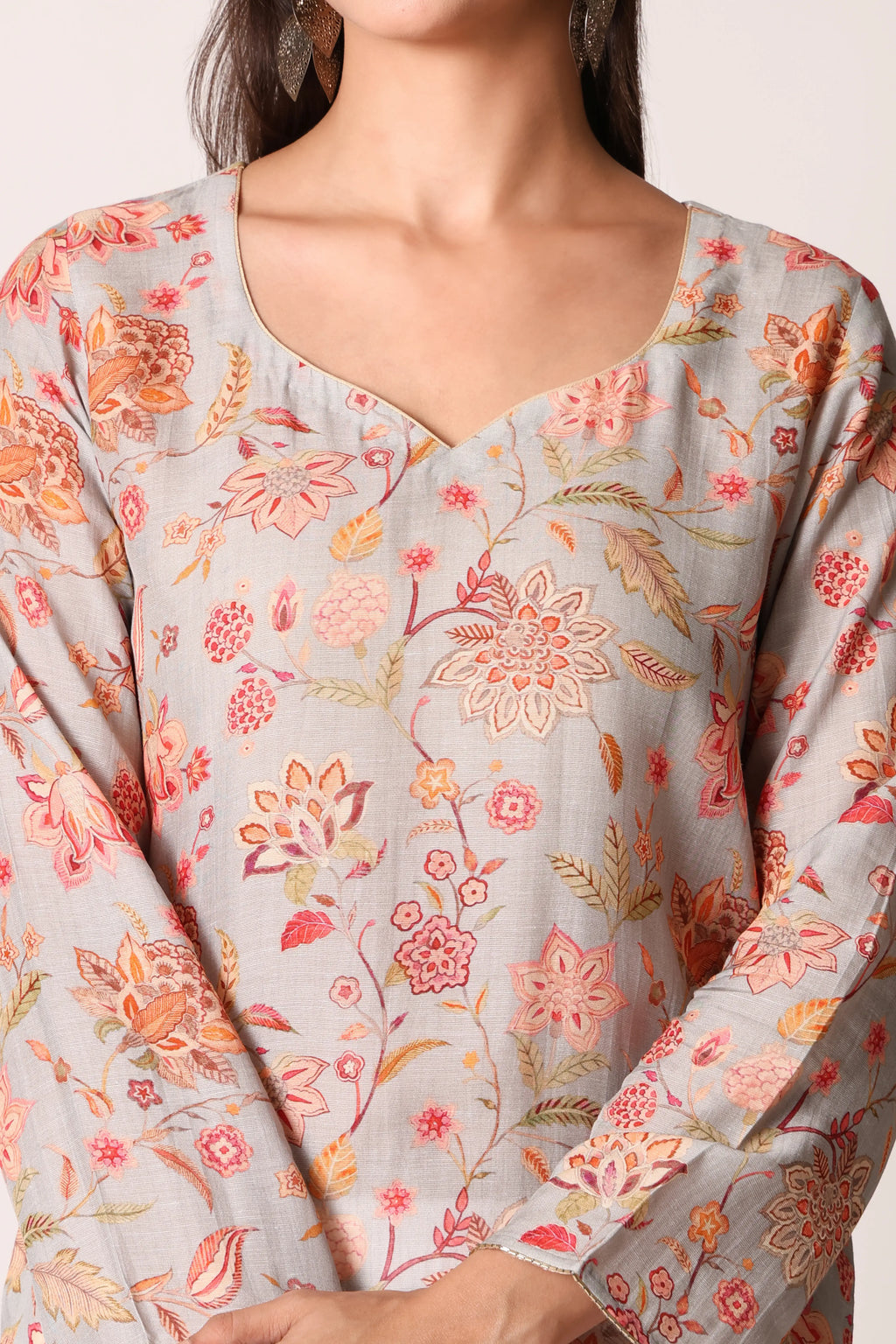Pastel aqua linen viscose printed kurta by Shuchi Man featuring floral patterns and a relaxed fit.