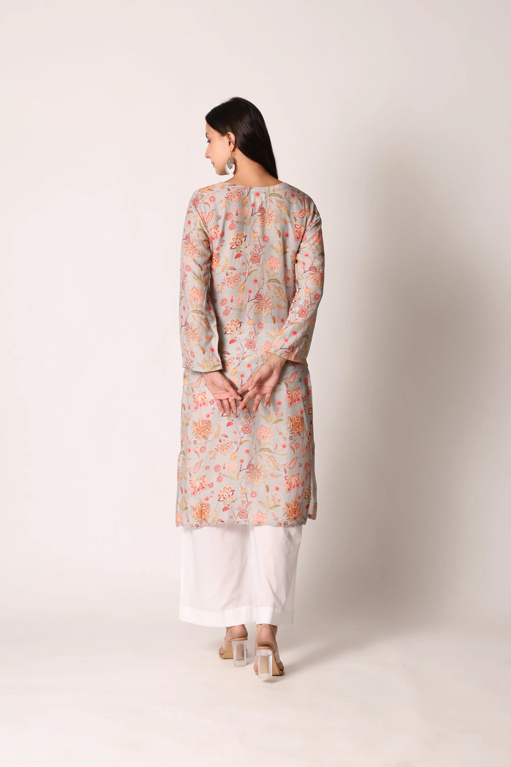Pastel aqua linen viscose printed kurta by Shuchi Man featuring traditional design and comfortable fit.