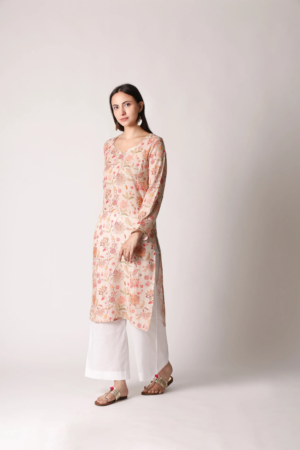 Ivory Reverie linen viscose printed kurta by Shuchi Man featuring intricate patterns and traditional design elements.